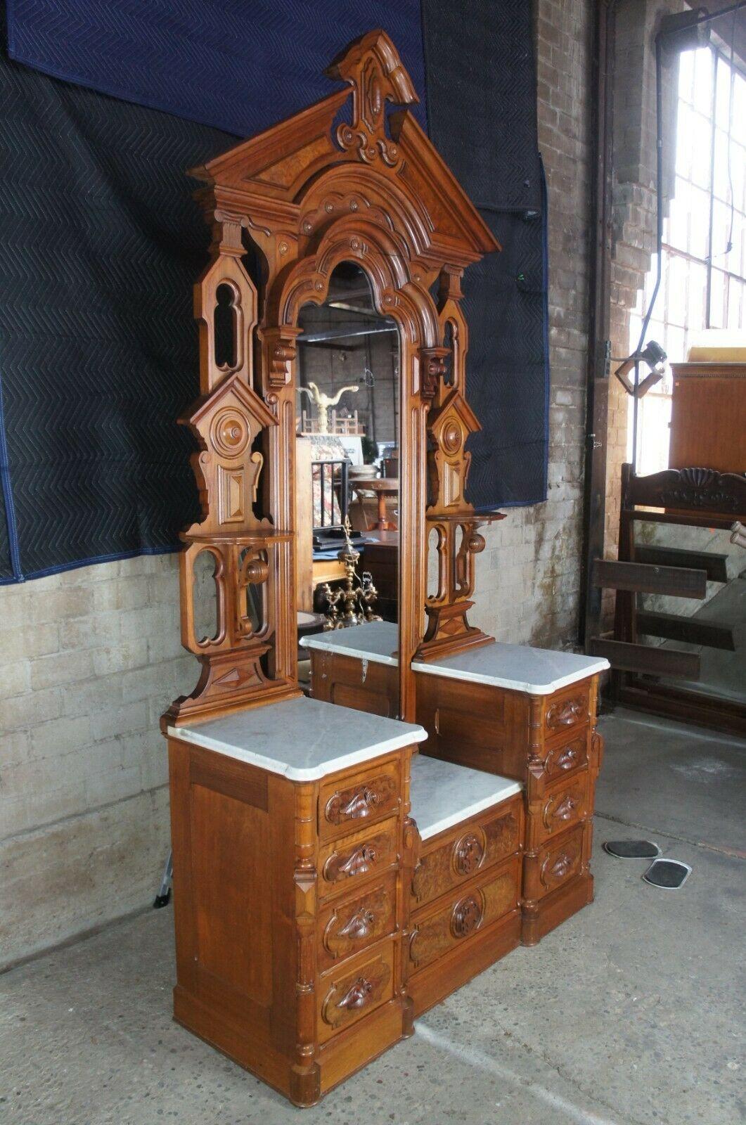 Monumental Antique Victorian Eastlake Walnut Burlwood Bedroom Set Dresser & Bed 5
