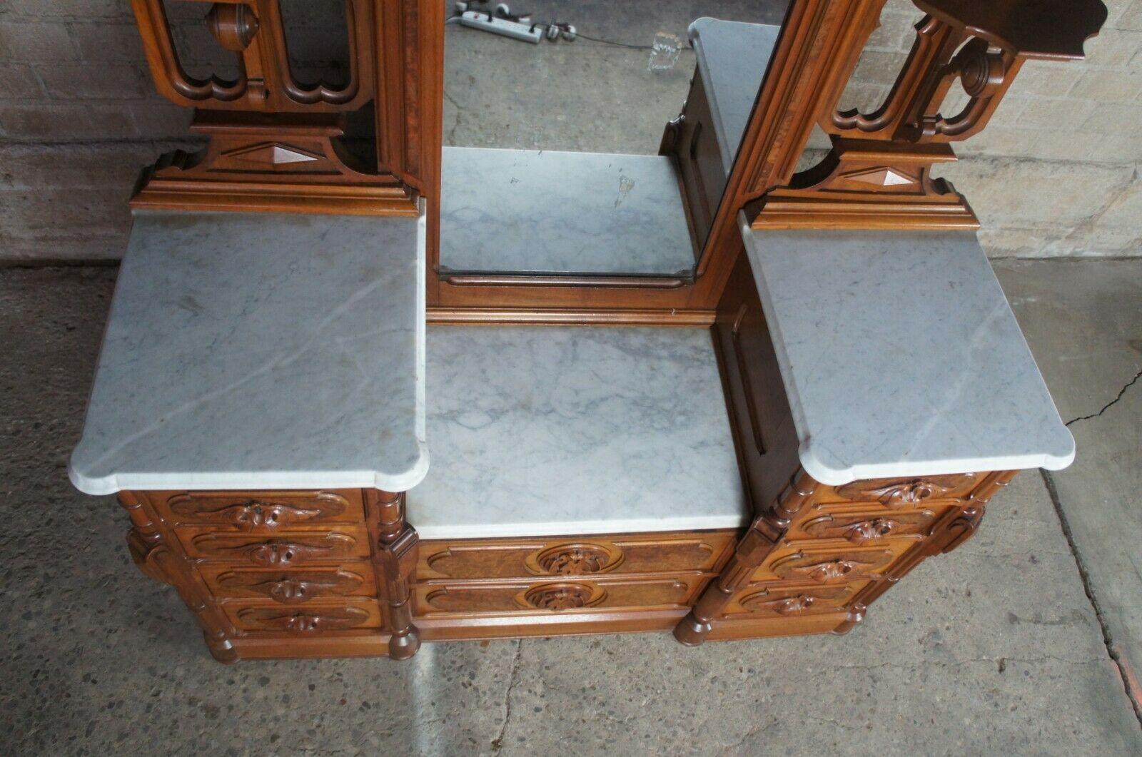 Monumental Antique Victorian Eastlake Walnut Burlwood Bedroom Set Dresser & Bed 7
