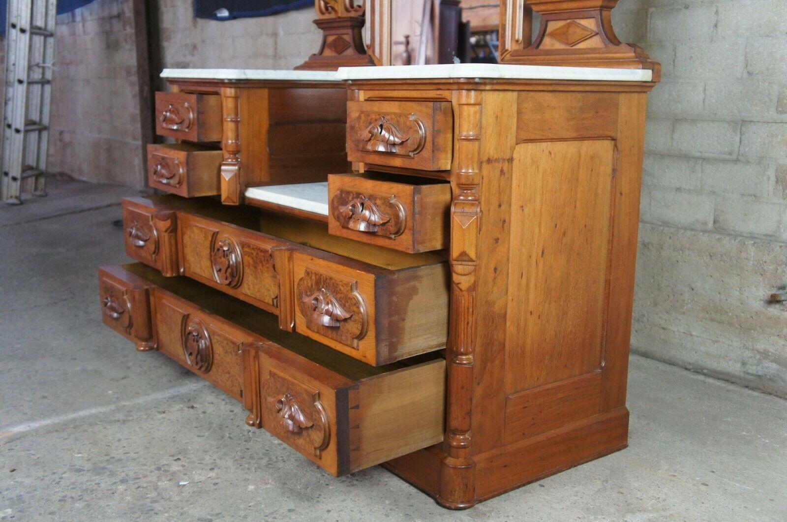 Monumental Antique Victorian Eastlake Walnut Burlwood Bedroom Set Dresser & Bed 8