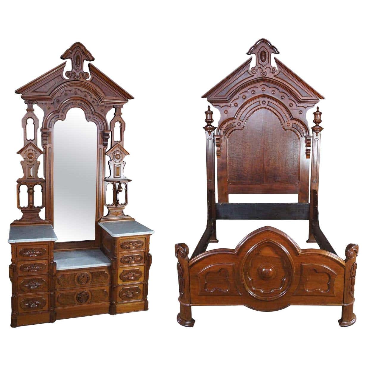 Monumental Antique Victorian Eastlake Walnut Burlwood Bedroom Set
