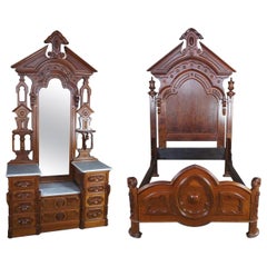 Monumental Antique Victorian Eastlake Walnut Burlwood Bedroom Set Dresser & Bed