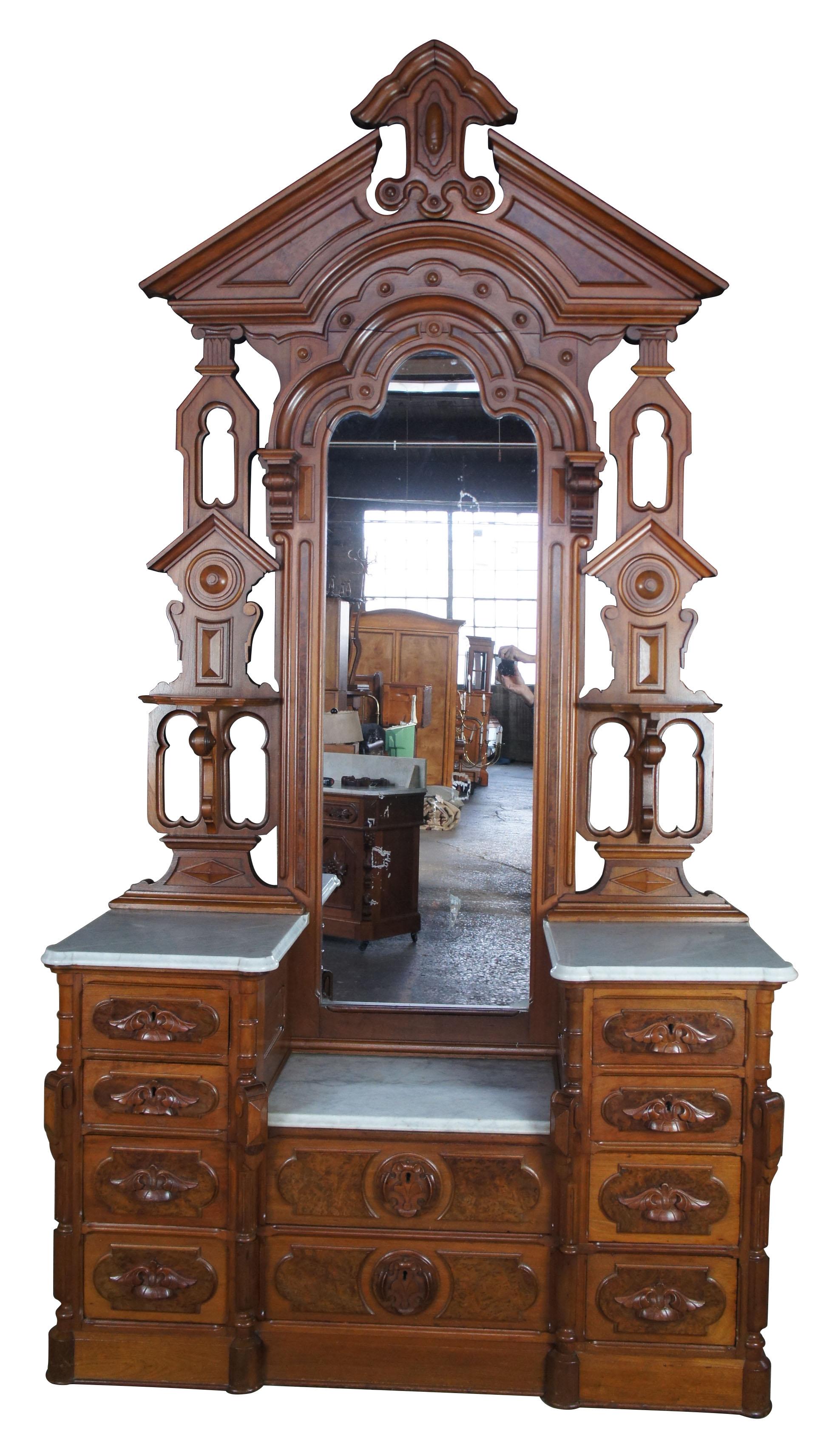 Monumental antique Victorian Eastlake walnut dresser & mirror marble top, measures: 112