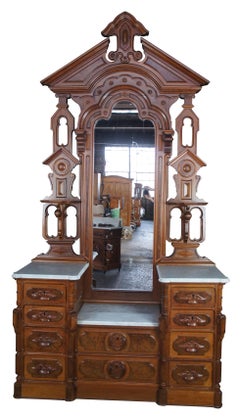 Monumental Antique Victorian Eastlake Walnut Dresser & Mirror Marble Top