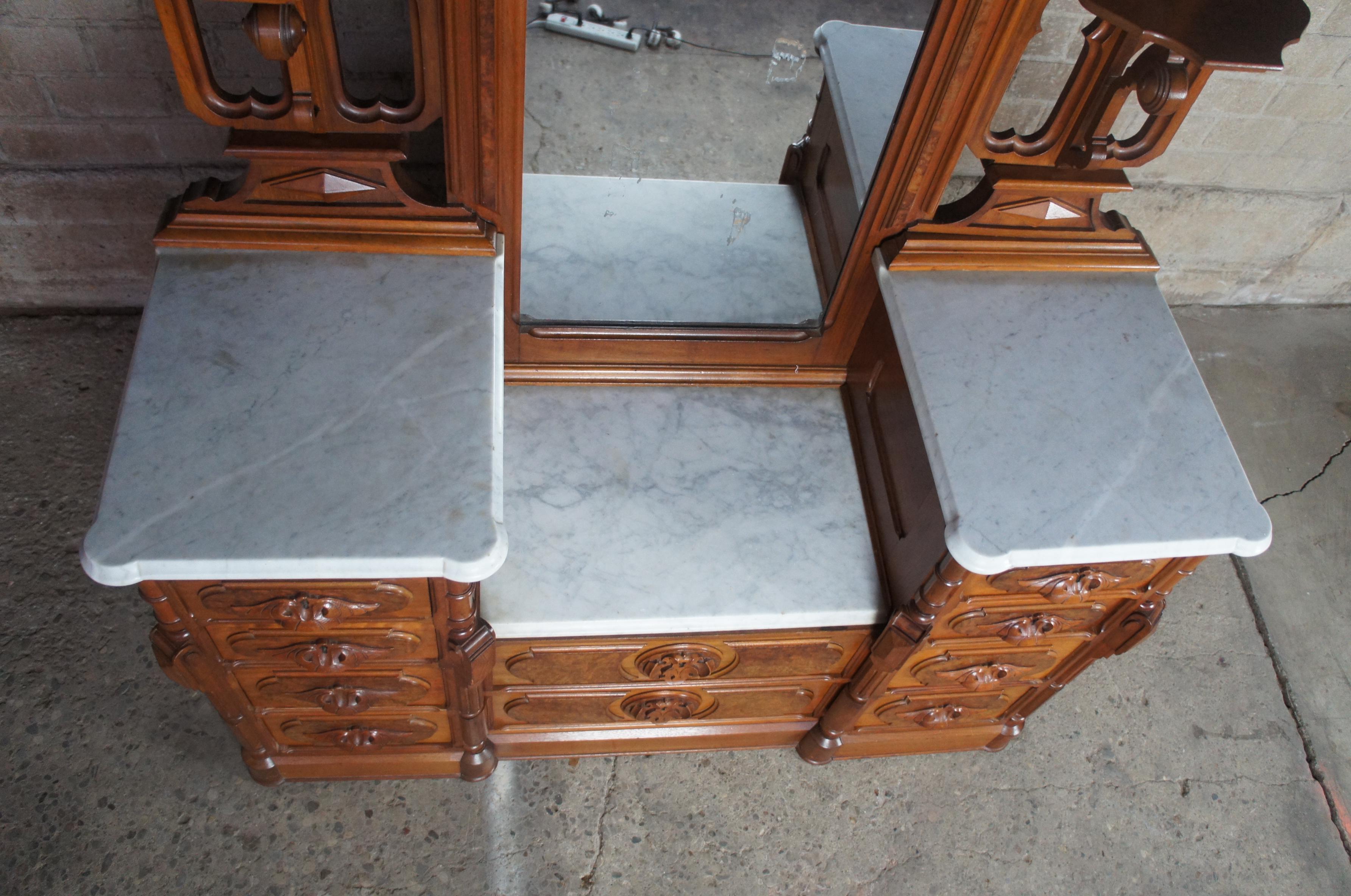 19th Century Monumental Antique Victorian Eastlake Walnut Dresser & Mirror Marble Top