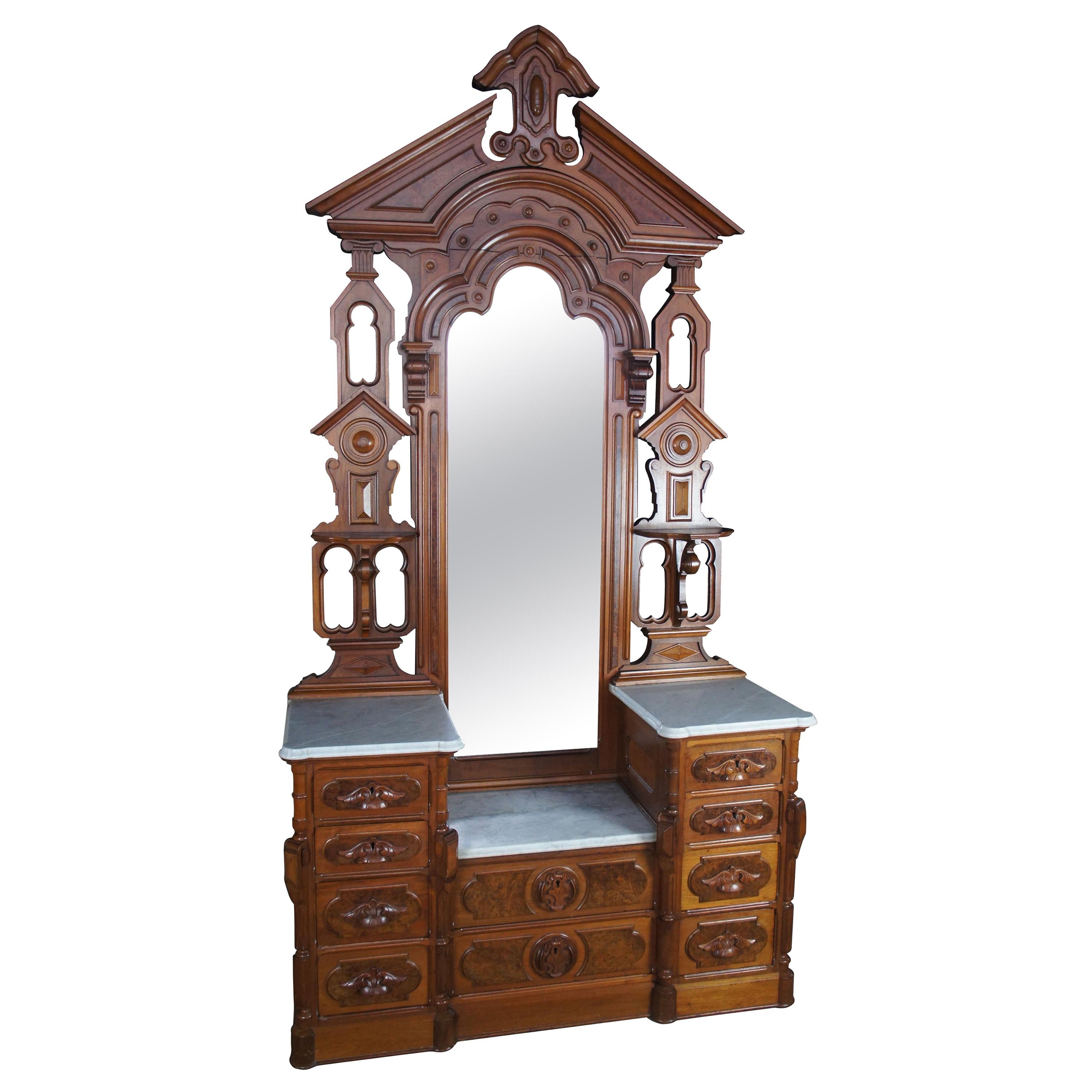 Monumental Antique Victorian Eastlake Walnut Dresser & Mirror Marble Top