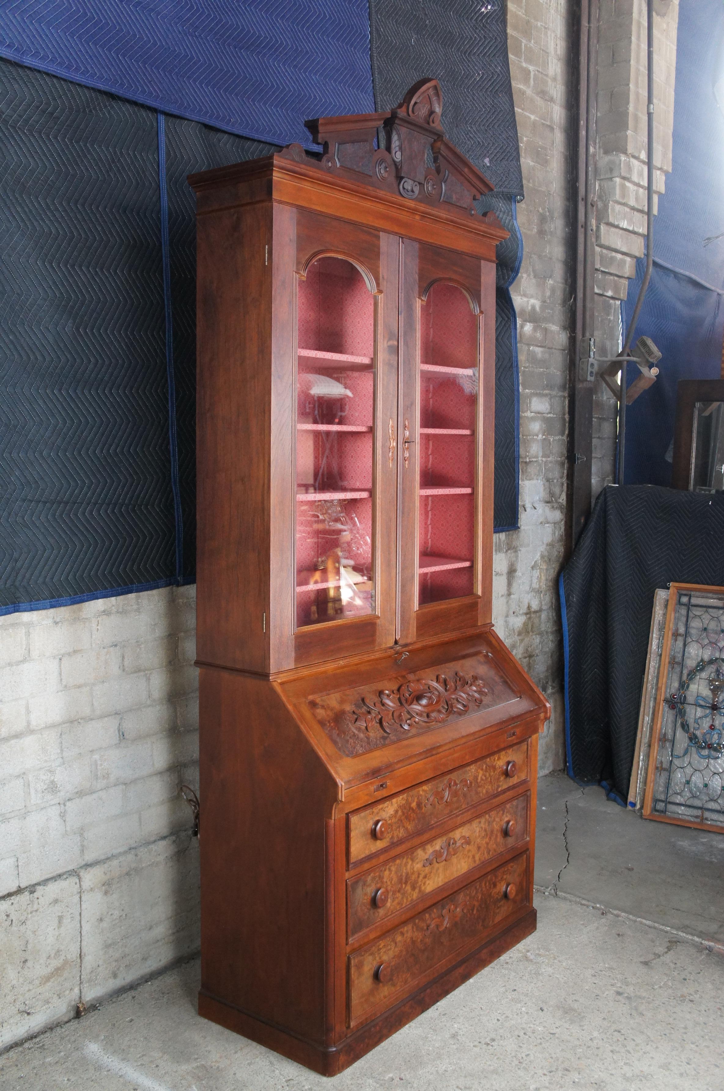 Monumental Antique Victorian Eastlake Walnut Secretary Desk & Bookcase Cabinet For Sale 5