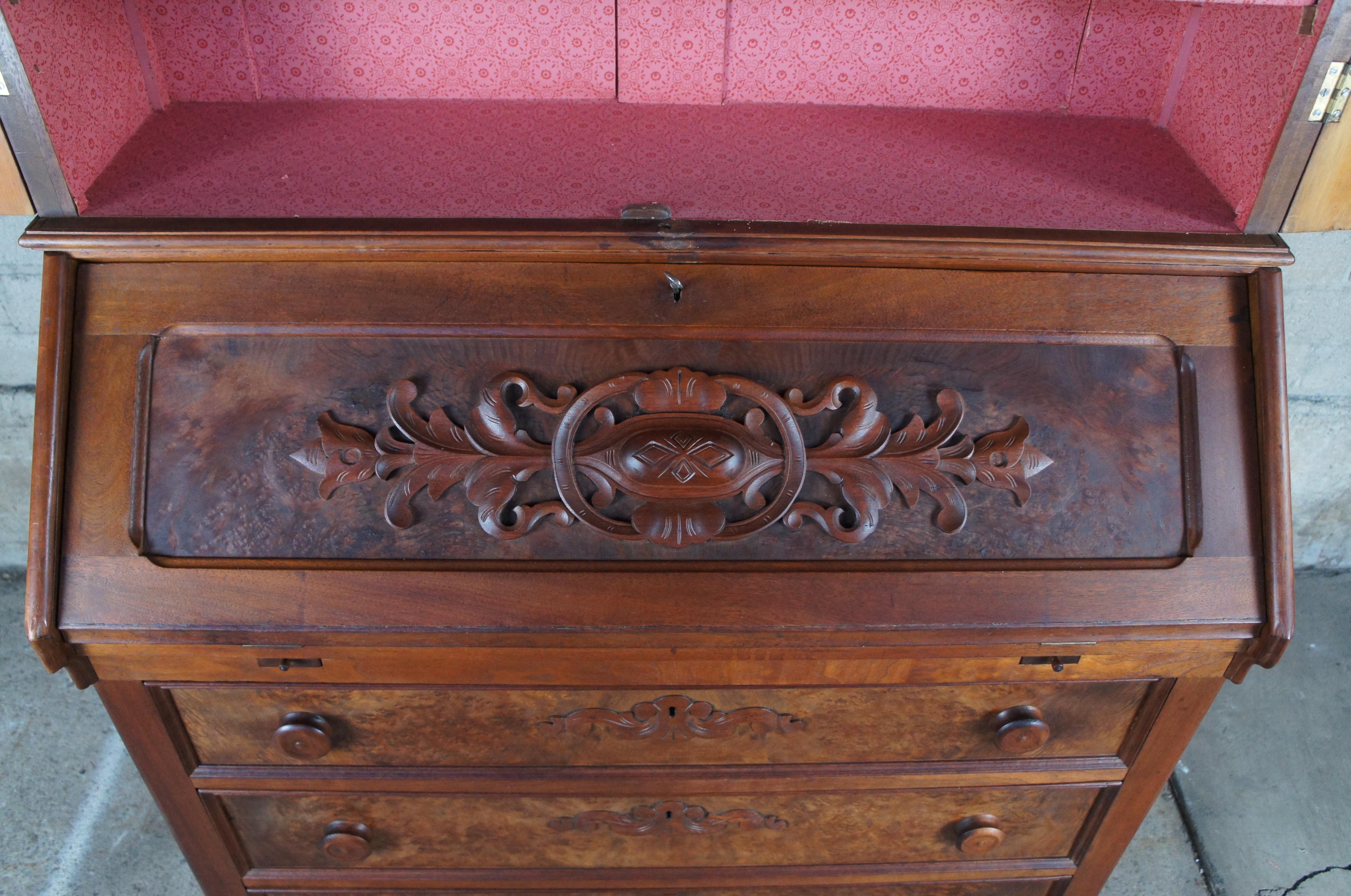 Glass Monumental Antique Victorian Eastlake Walnut Secretary Desk & Bookcase Cabinet For Sale