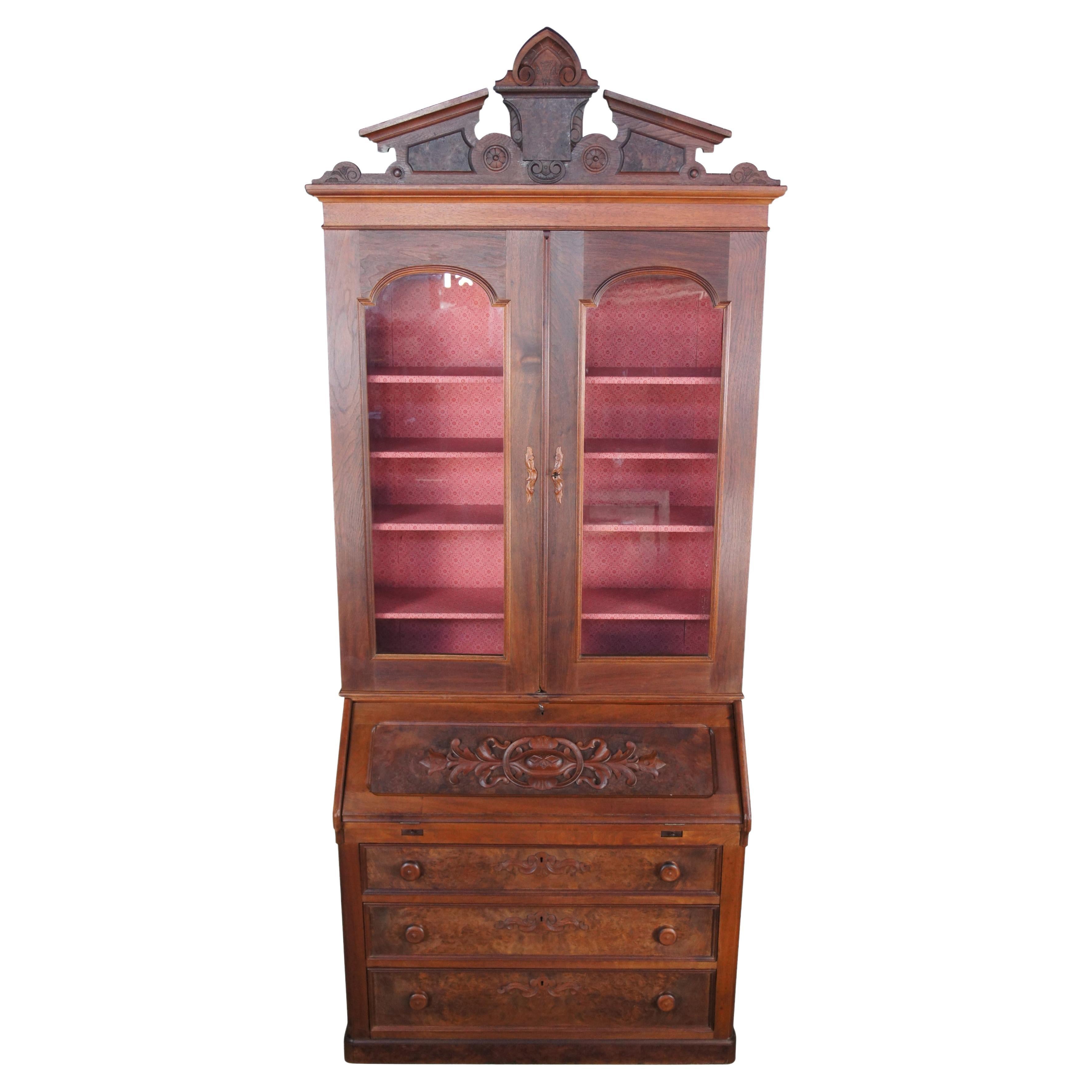 Monumental Antique Victorian Eastlake Walnut Secretary Desk & Bookcase Cabinet