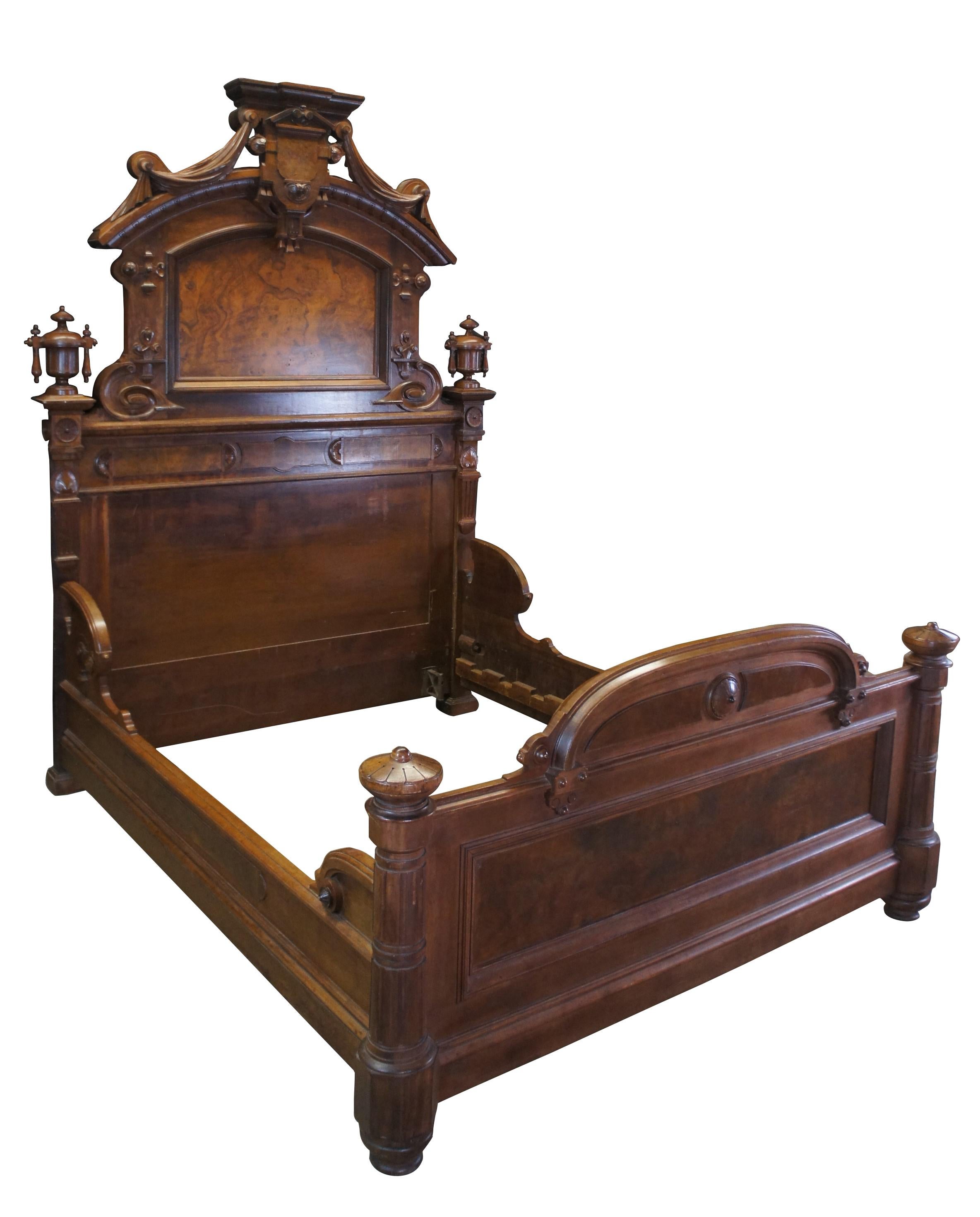 Mid 19th Century Victorian Eastlake walnut burl Lincoln style carved bed. Features a high back with burled panels, carved trophy finials, acorns, and Neoclassical style crown central shield / crest with ornate swags.


DIMENSIONS

91