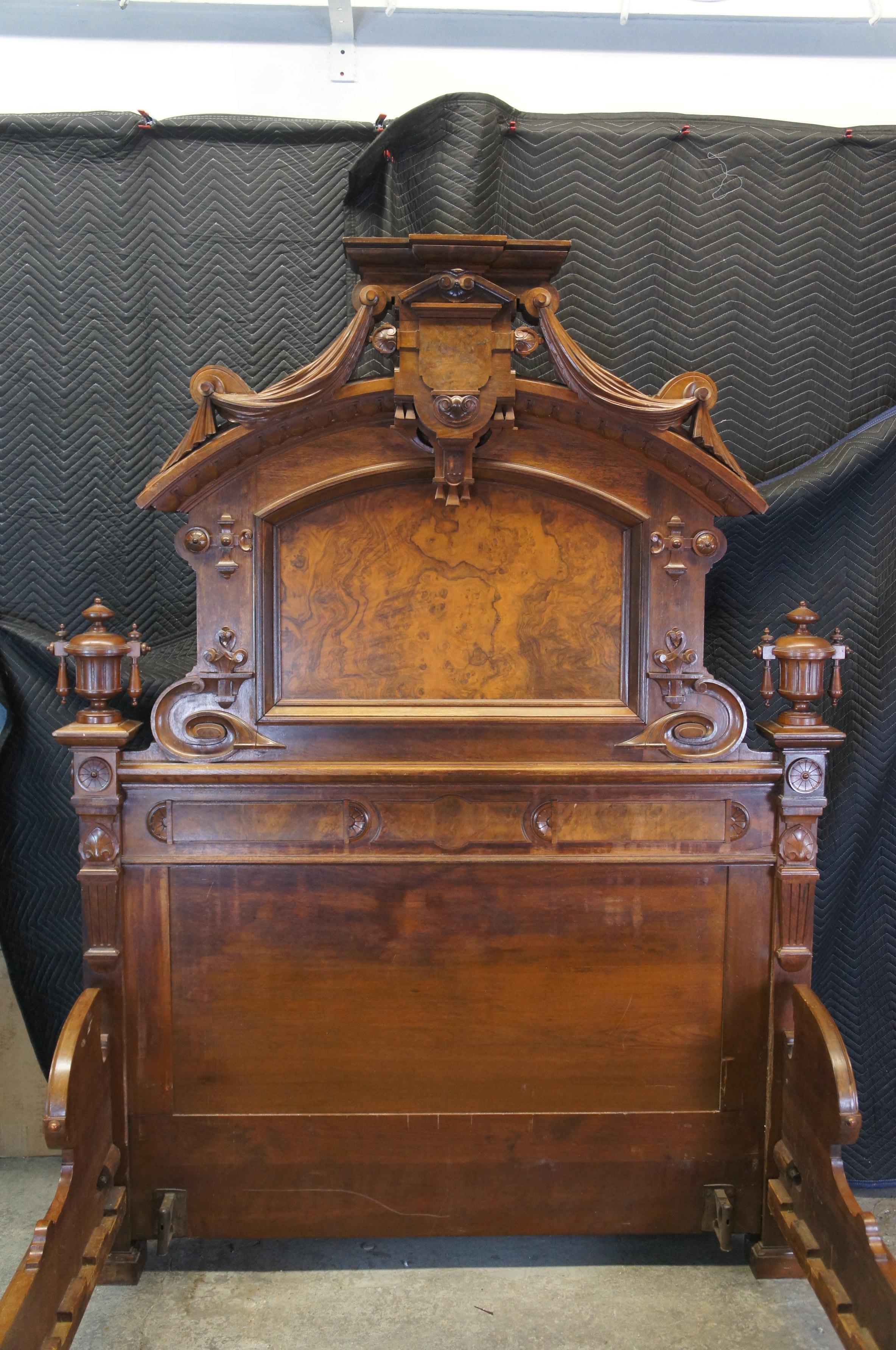 Monumental Antique Victorian Lincoln Style Walnut Burl Carved Highback Queen Bed In Good Condition For Sale In Dayton, OH