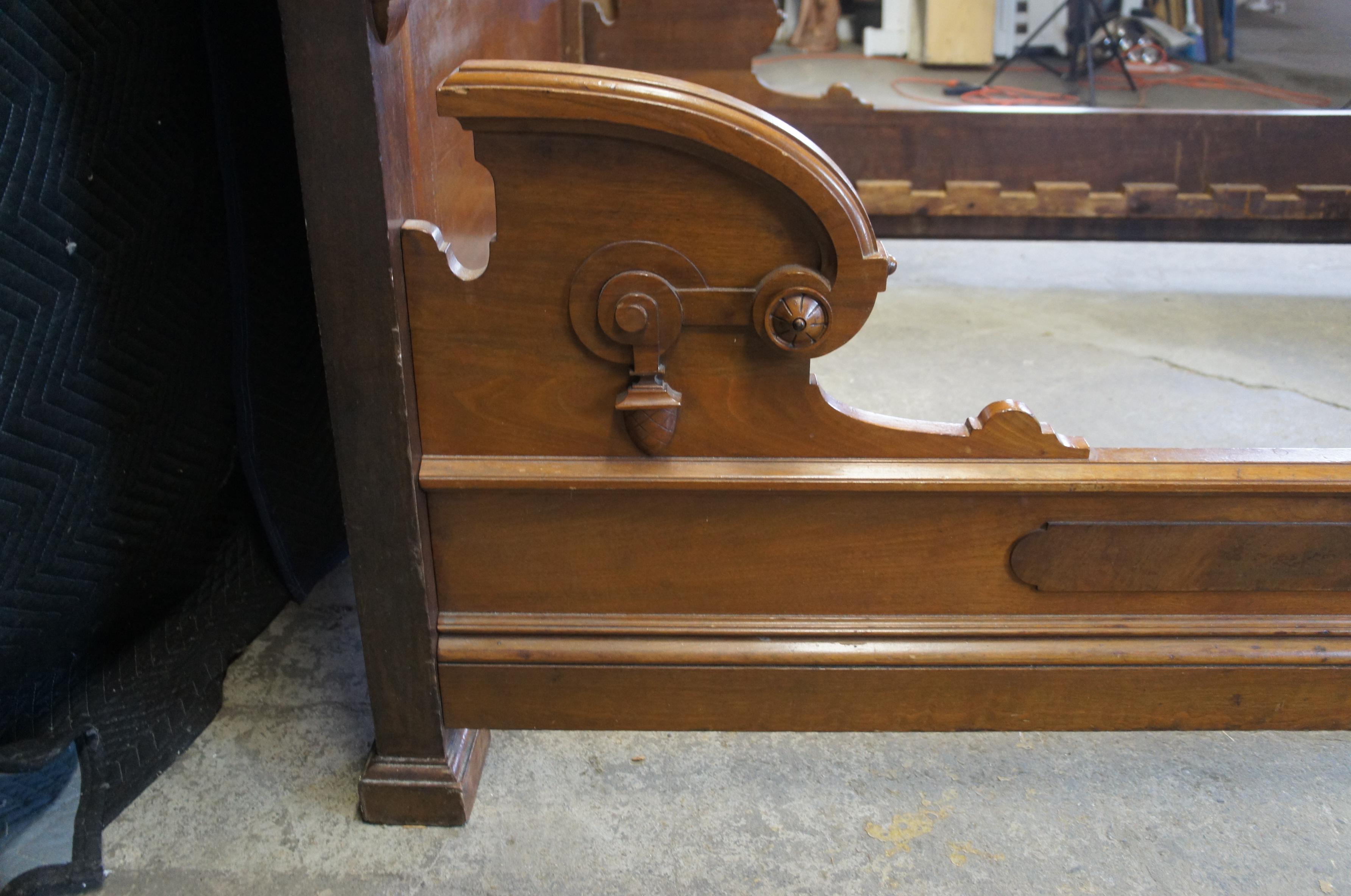 Monumental Antique Victorian Lincoln Style Walnut Burl Carved Highback Queen Bed For Sale 2