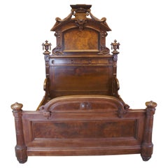 Monumental Vintage Victorian Lincoln Style Walnut Burl Carved Highback Queen Bed