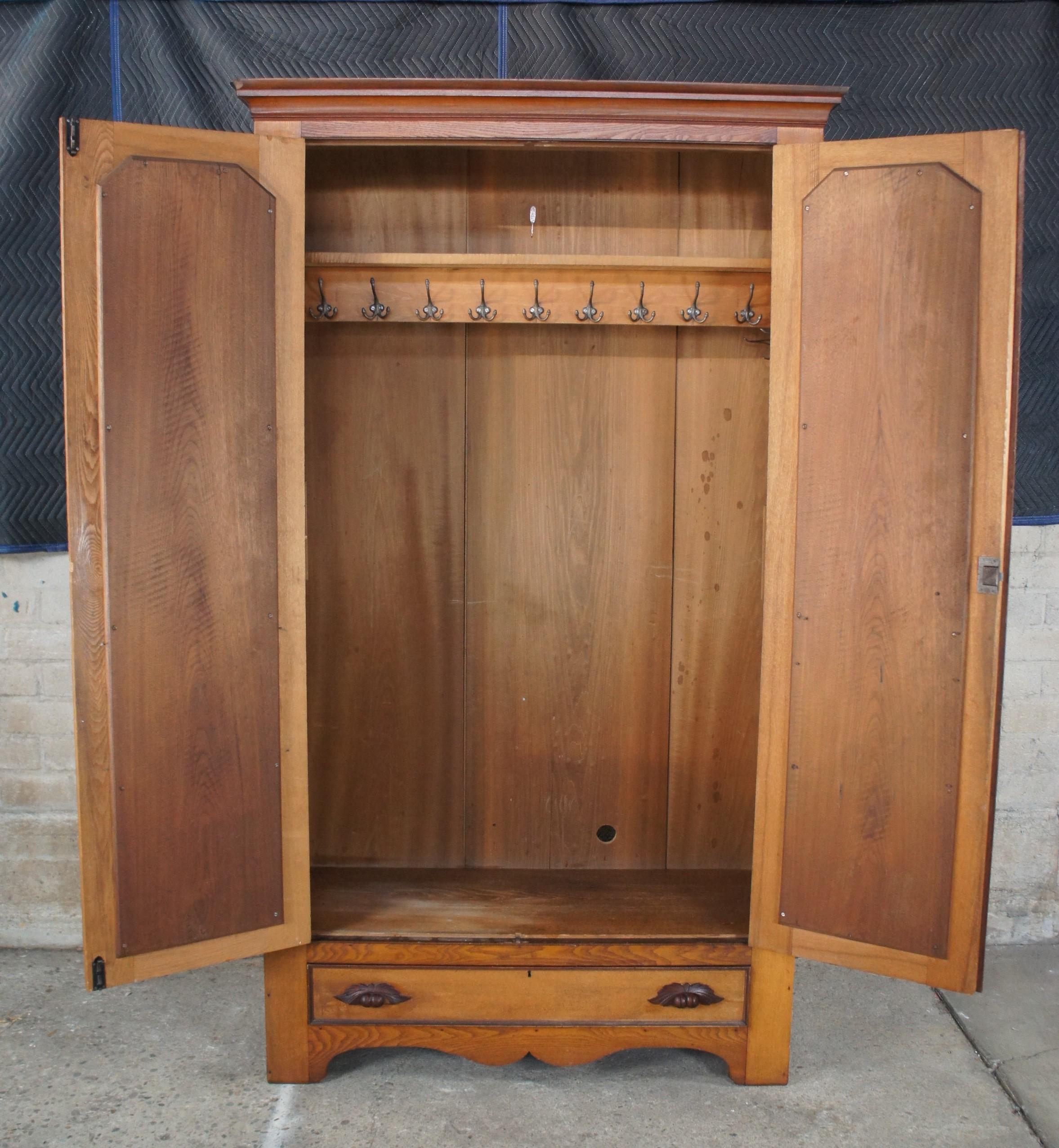 Monumental Antique Victorian Oak Wardrobe Armoire Hall Tree Cabinet Closet 4