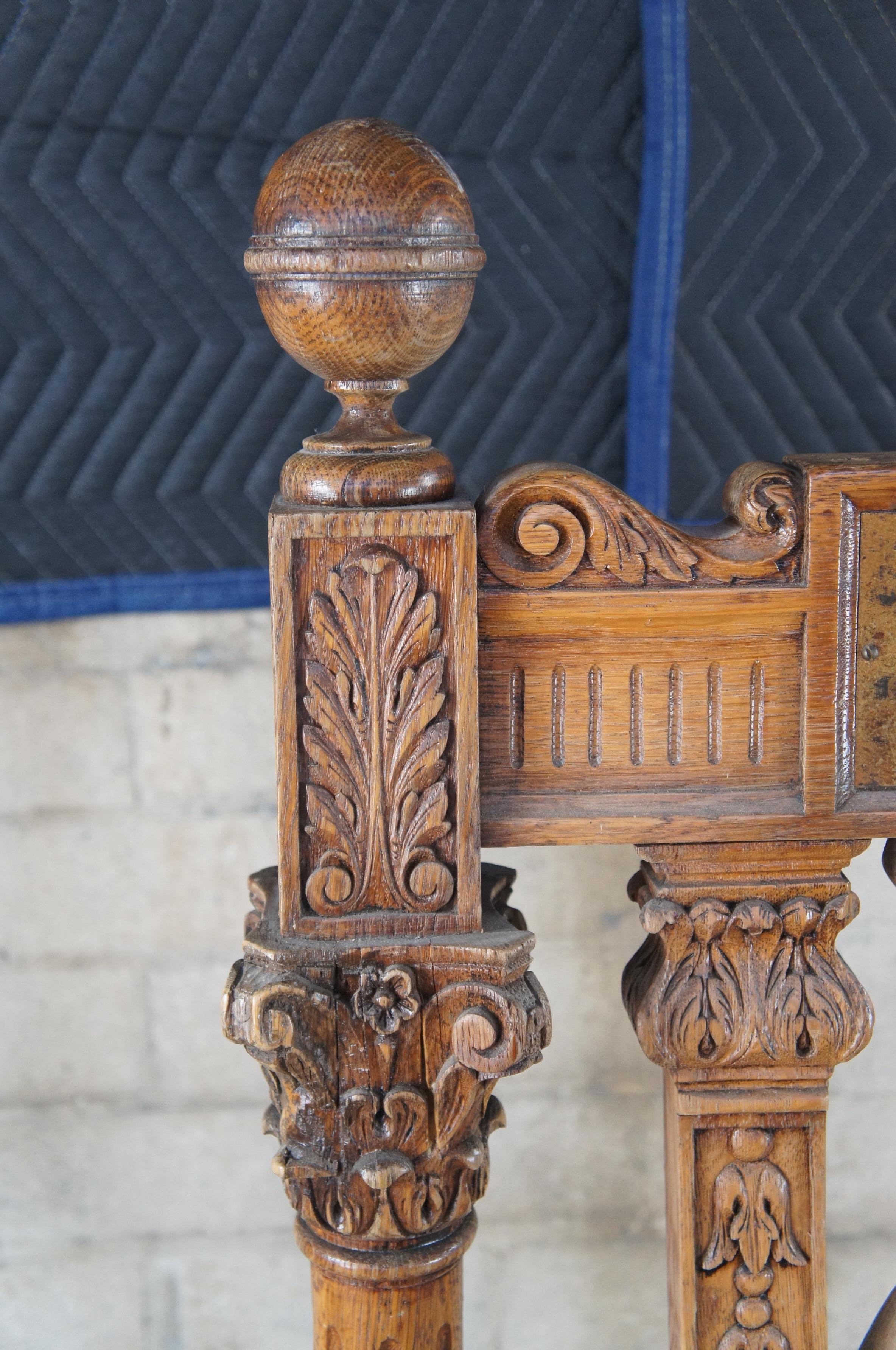 Monumental fauteuil trône victorien ancien orné en chêne sculpté 58 pouces en vente 6