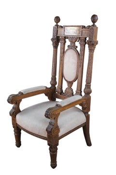 Monumental Antique Victorian Ornate Carved Oak Throne Arm Chair 58"