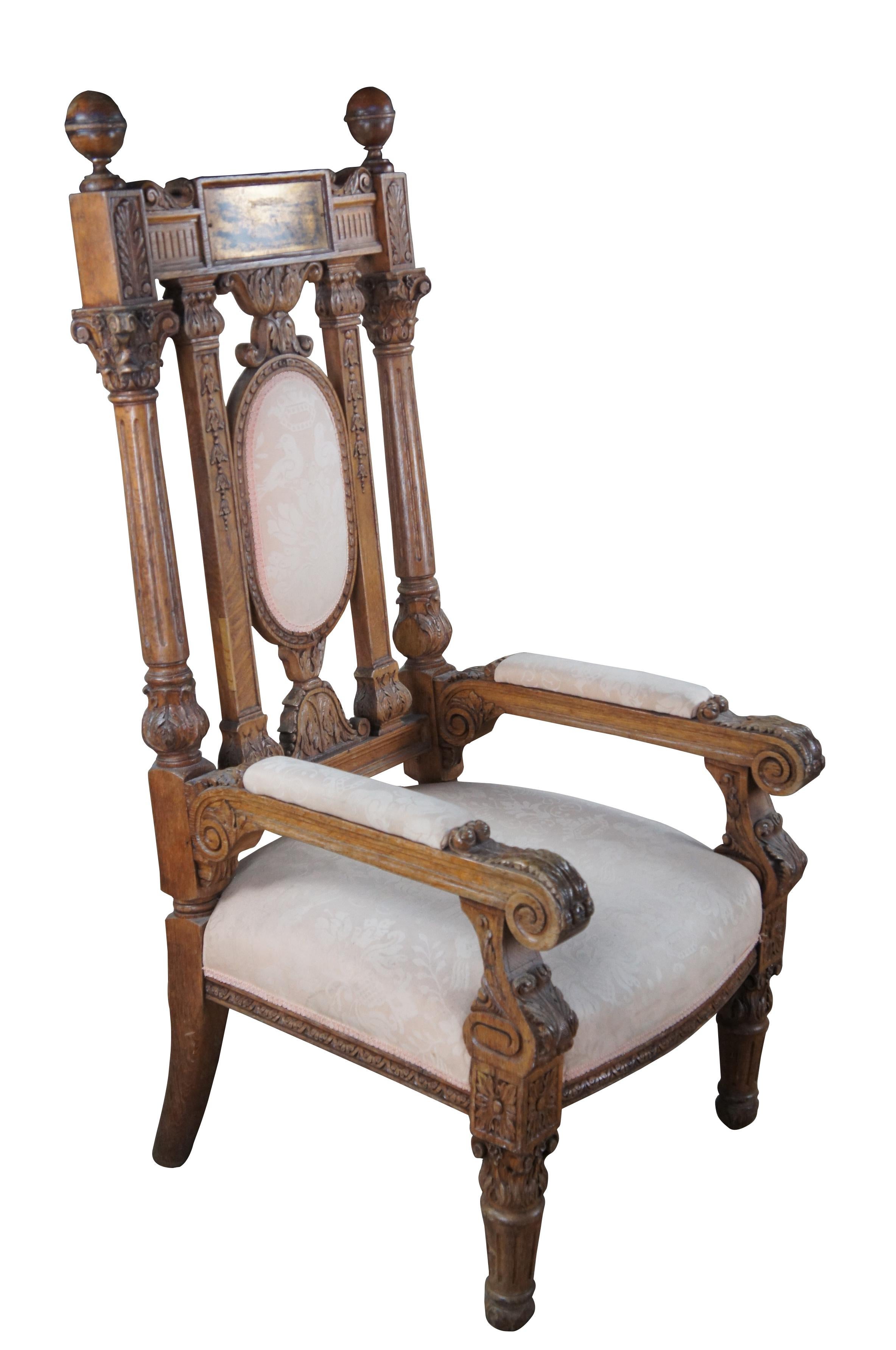 Victorien Monumental fauteuil trône victorien ancien orné en chêne sculpté 58 pouces en vente