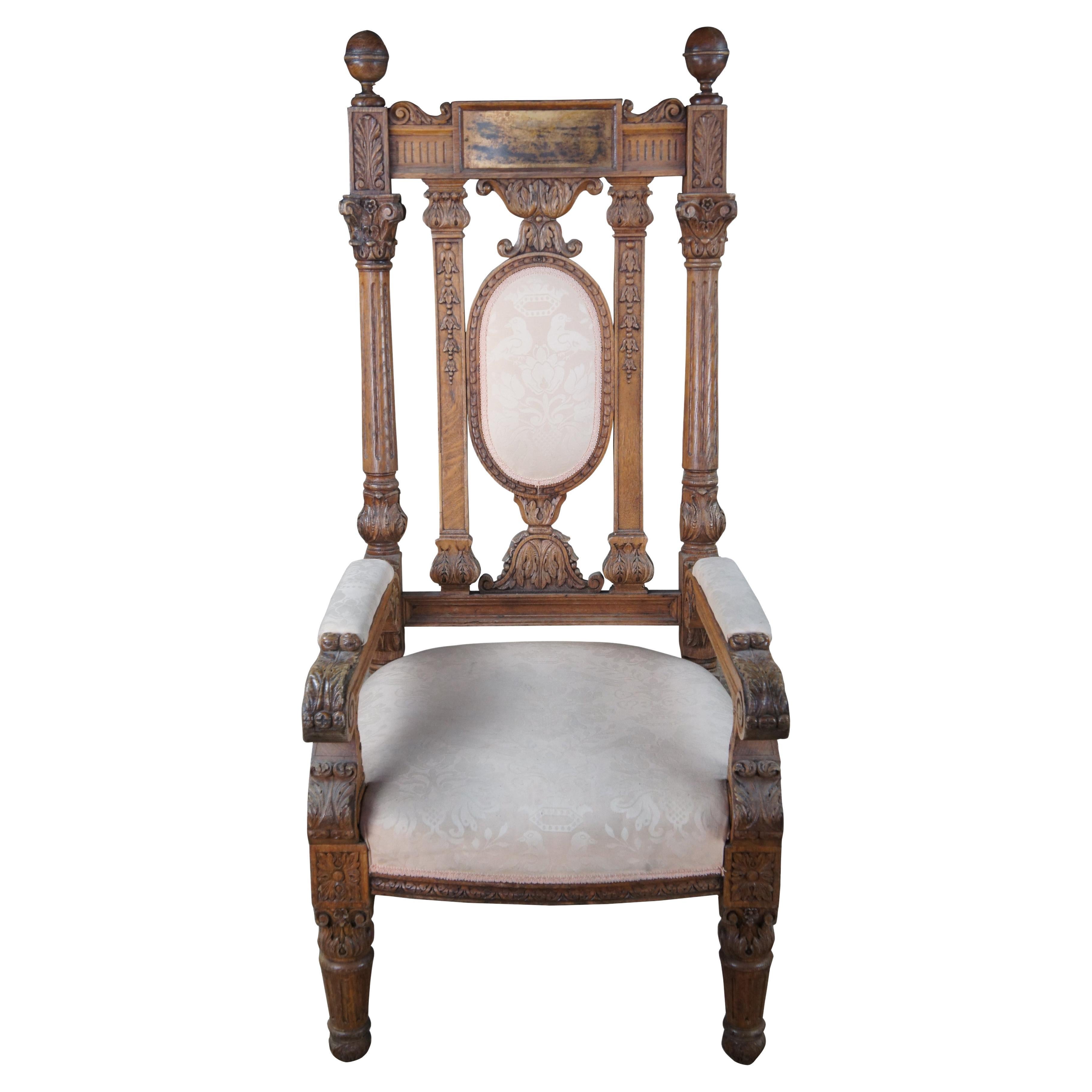 Monumental Antique Victorian Ornate Carved Oak Throne Arm Chair 58" For Sale