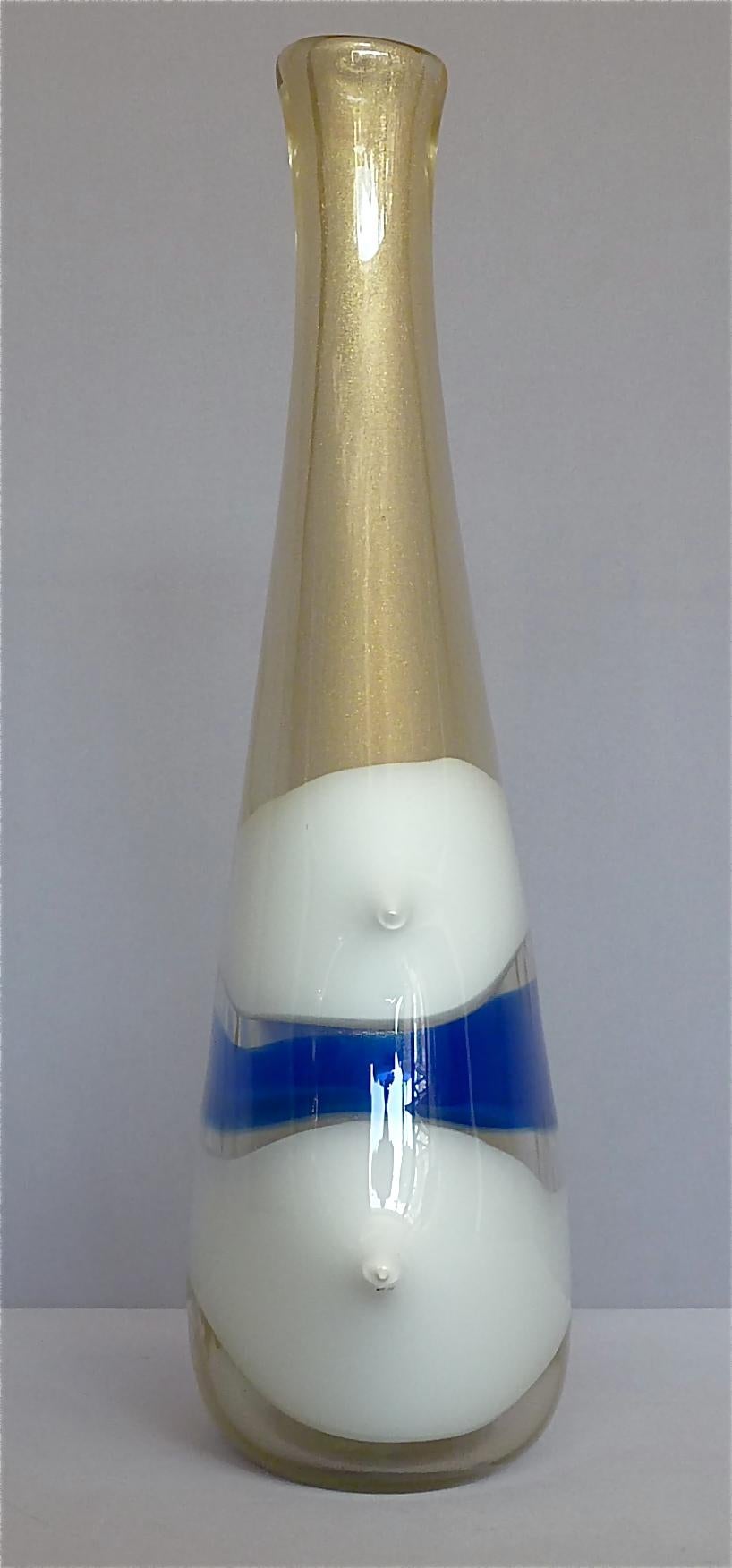 Monumental Anzolo Fuga Avem Vase Bands Murano Art Glass Gold White Blue 1950s For Sale 2
