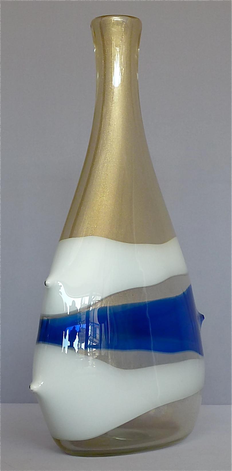 Monumental Anzolo Fuga Avem Vase Bands Murano Art Glass Gold White Blue 1950s For Sale 3