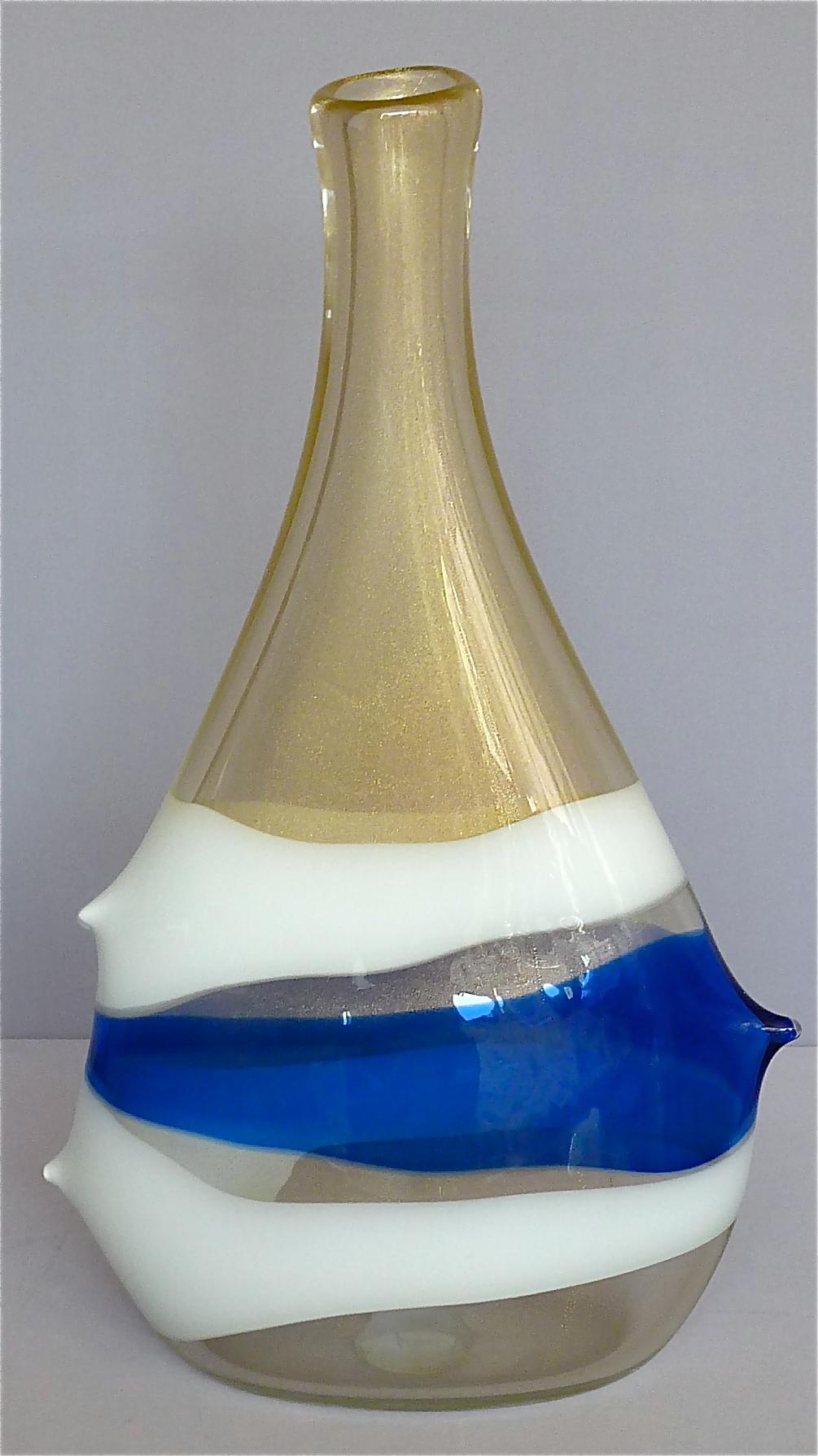 Monumental Anzolo Fuga Avem Vase Bands Murano Art Glass Gold White Blue 1950s For Sale 4
