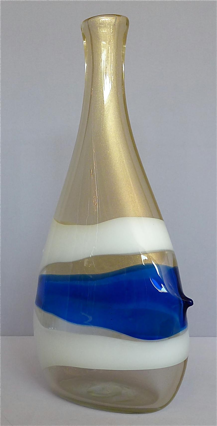 Monumental Anzolo Fuga Avem Vase Bands Murano Art Glass Gold White Blue 1950s For Sale 5