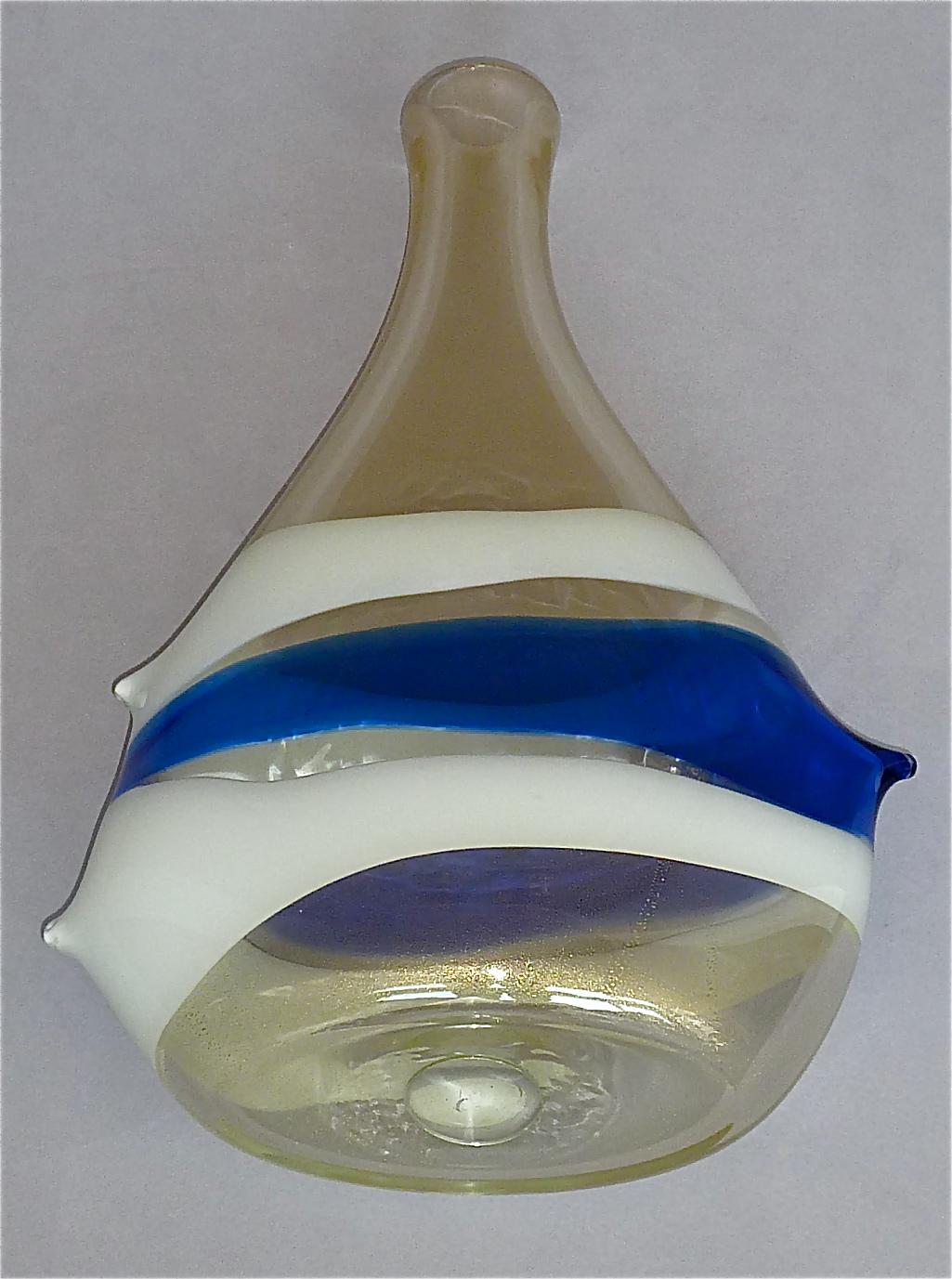 Monumental Anzolo Fuga Avem Vase Bands Murano Art Glass Gold White Blue 1950s For Sale 8