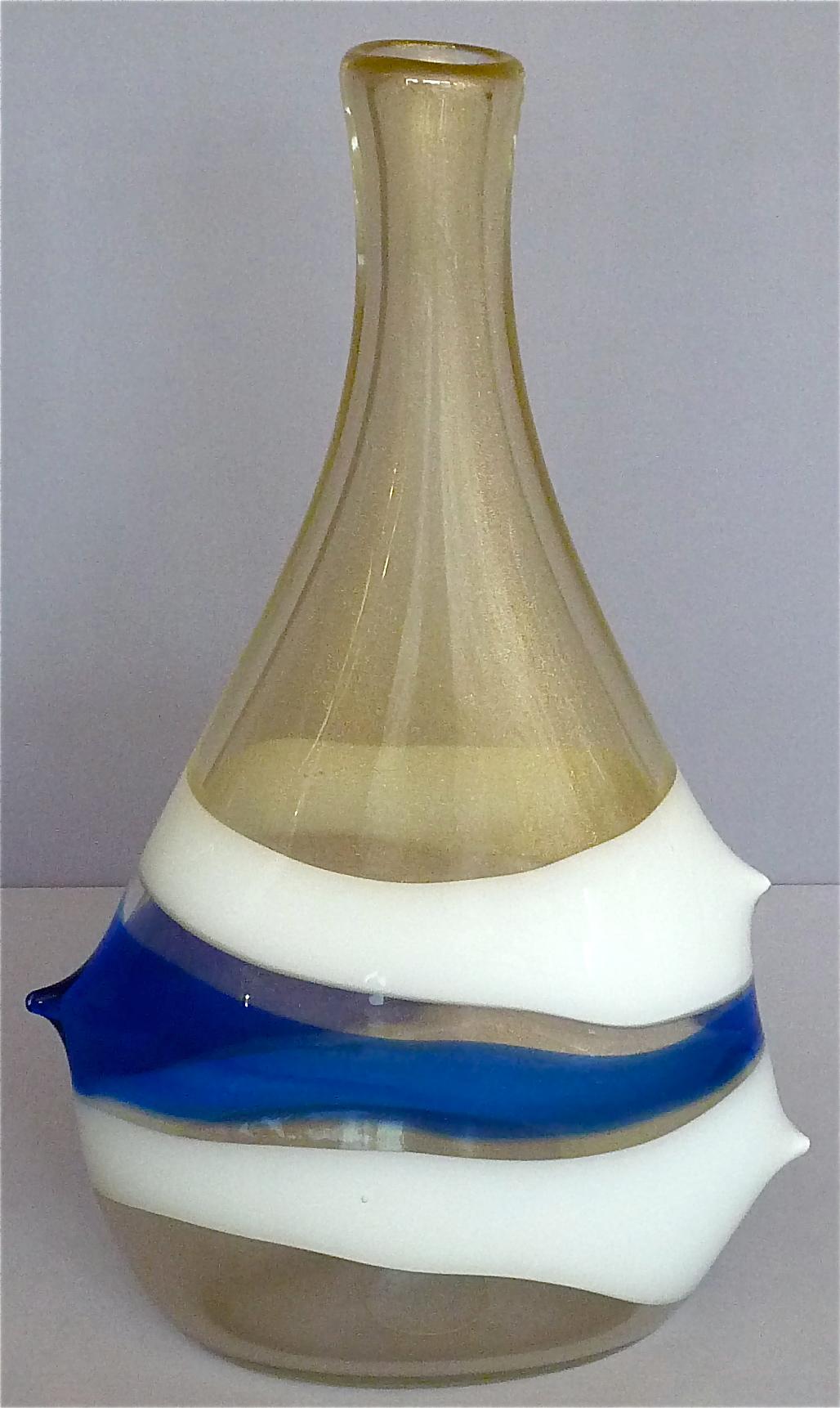 Italian Monumental Anzolo Fuga Avem Vase Bands Murano Art Glass Gold White Blue 1950s For Sale