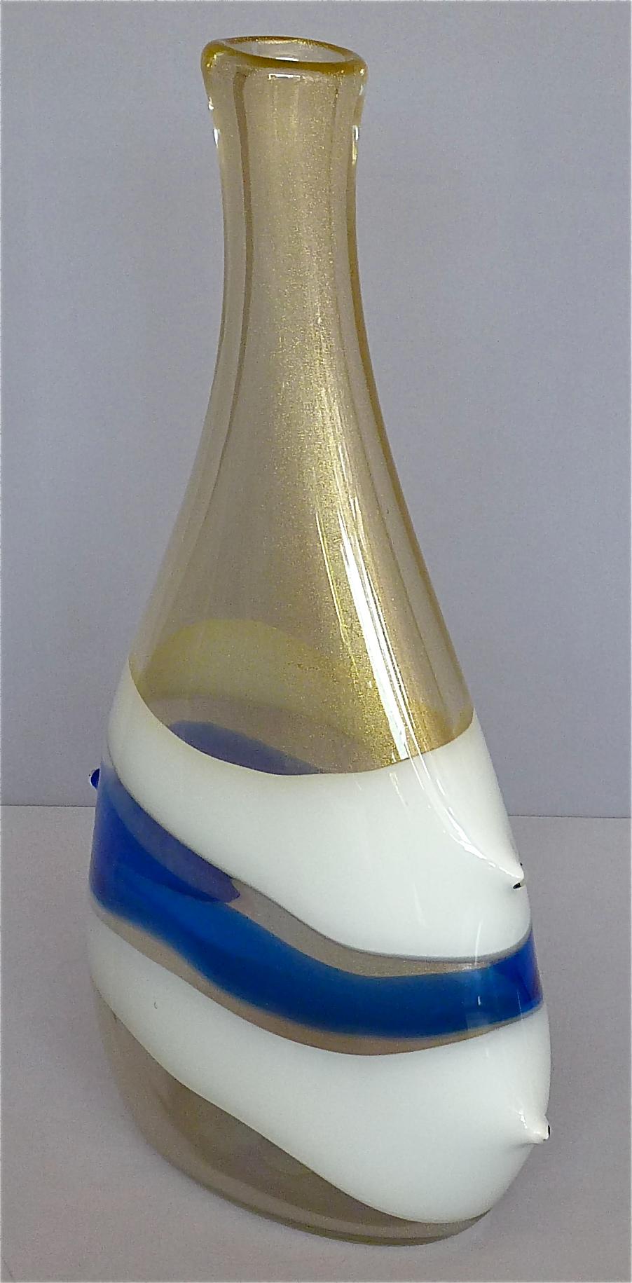 Monumental Anzolo Fuga Avem Vase Bands Murano Art Glass Gold White Blue 1950s For Sale 1