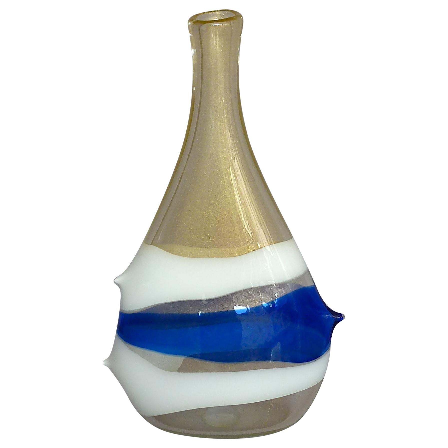 Monumental Anzolo Fuga Avem Vase Bands Murano Art Glass Gold White Blue 1950s