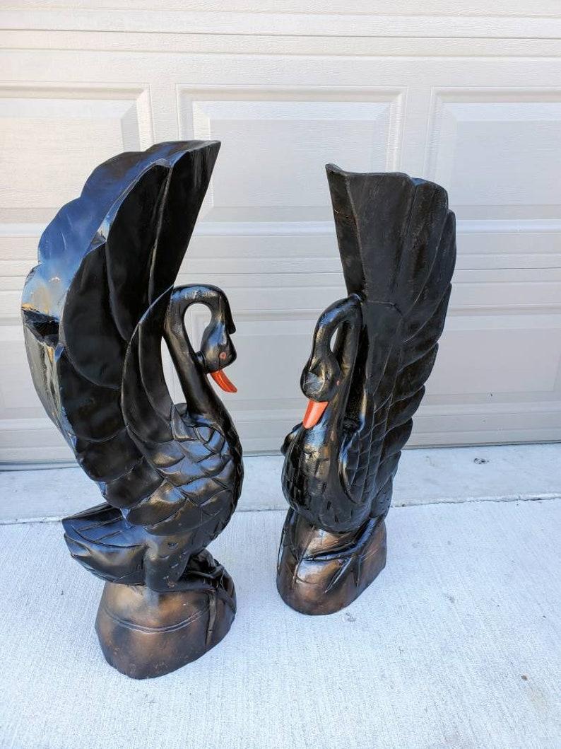 Wood Monumental Architectural Black Swan Sculpture Pair