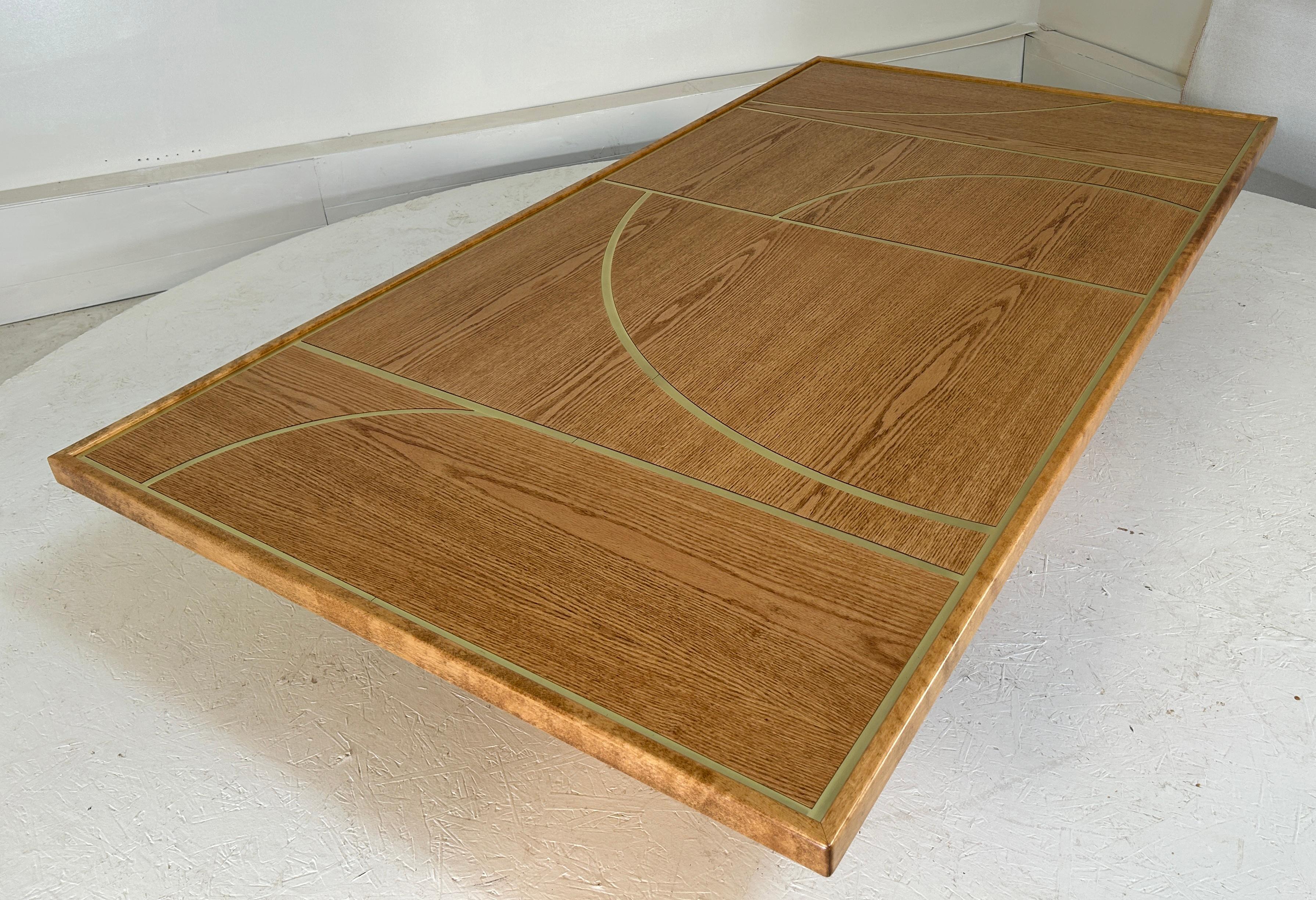 Brass Monumental Architectural brass and Red Oak cocktail table For Sale
