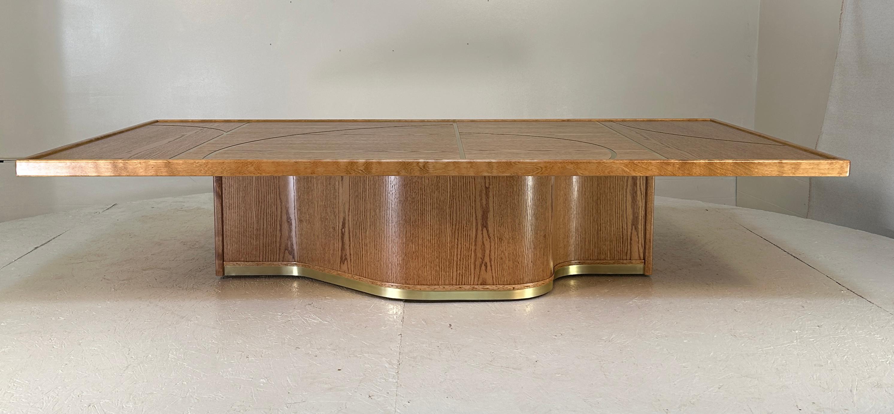 Monumental Architectural brass and Red Oak cocktail table For Sale 2