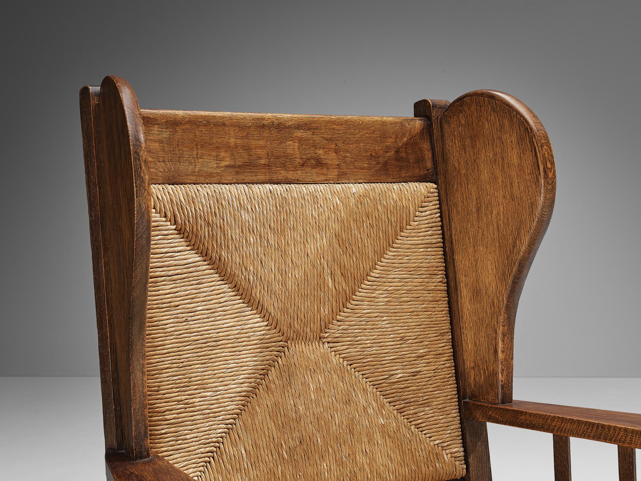 Monumental Armchair in Oak and Rush  For Sale 2