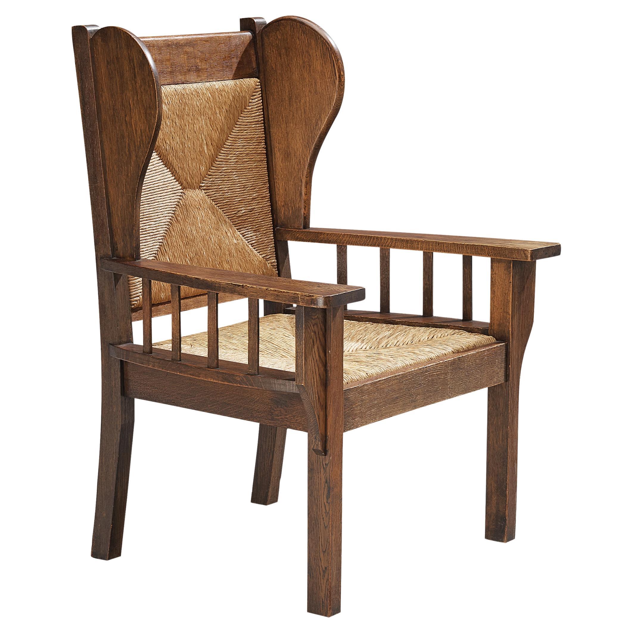 Monumental Armchair in Oak and Rush  For Sale