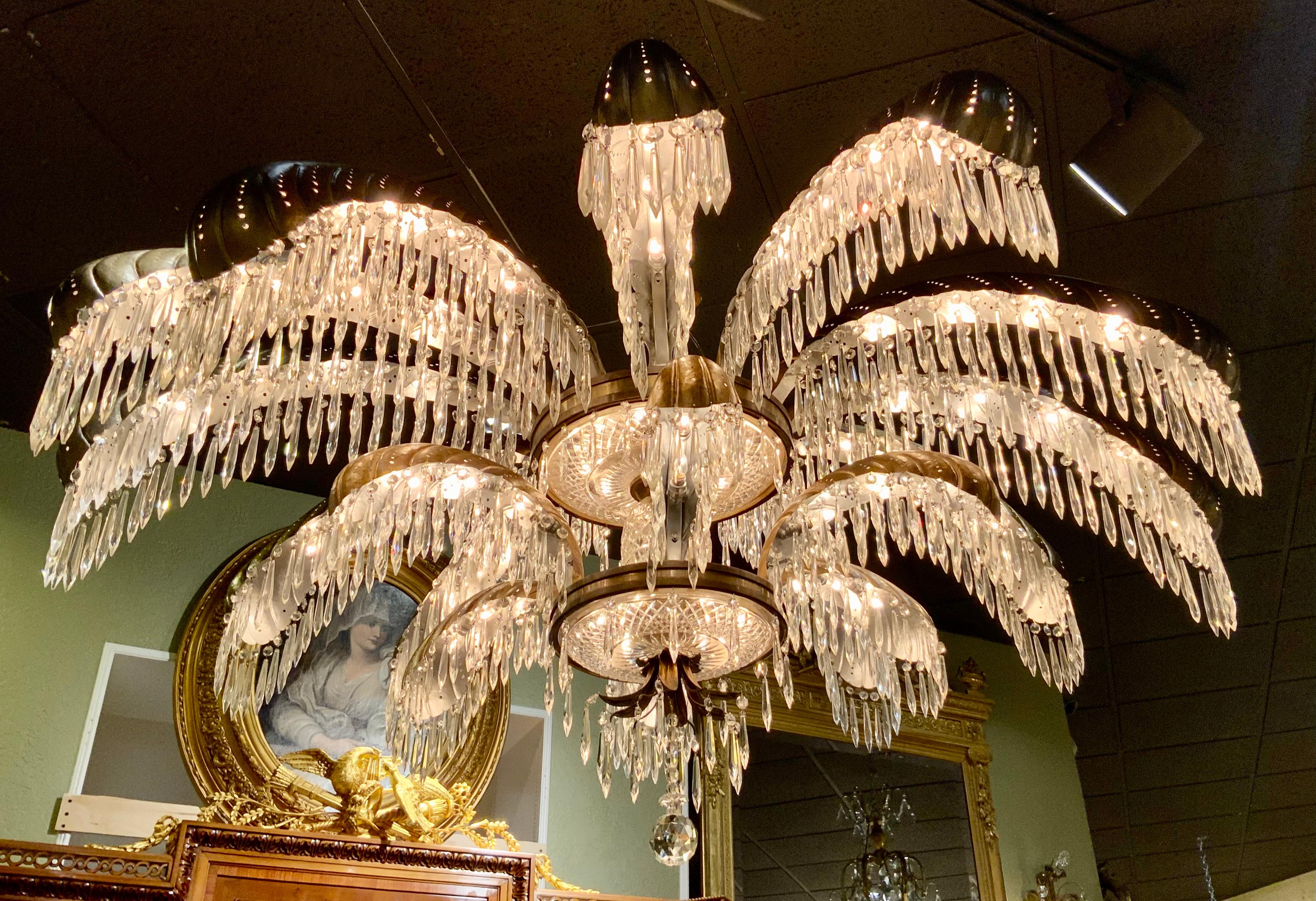 Gilt Monumental Art Deco Chandelier with 84 Lights and 800 Crystals