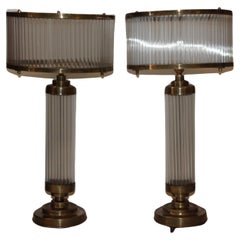 Monumental Art Deco Glass Rod & Brass Table Lamps