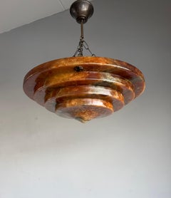 Timeless Art Deco Hand-Carved Alabaster Pendant w Layered Design, Europe c1920