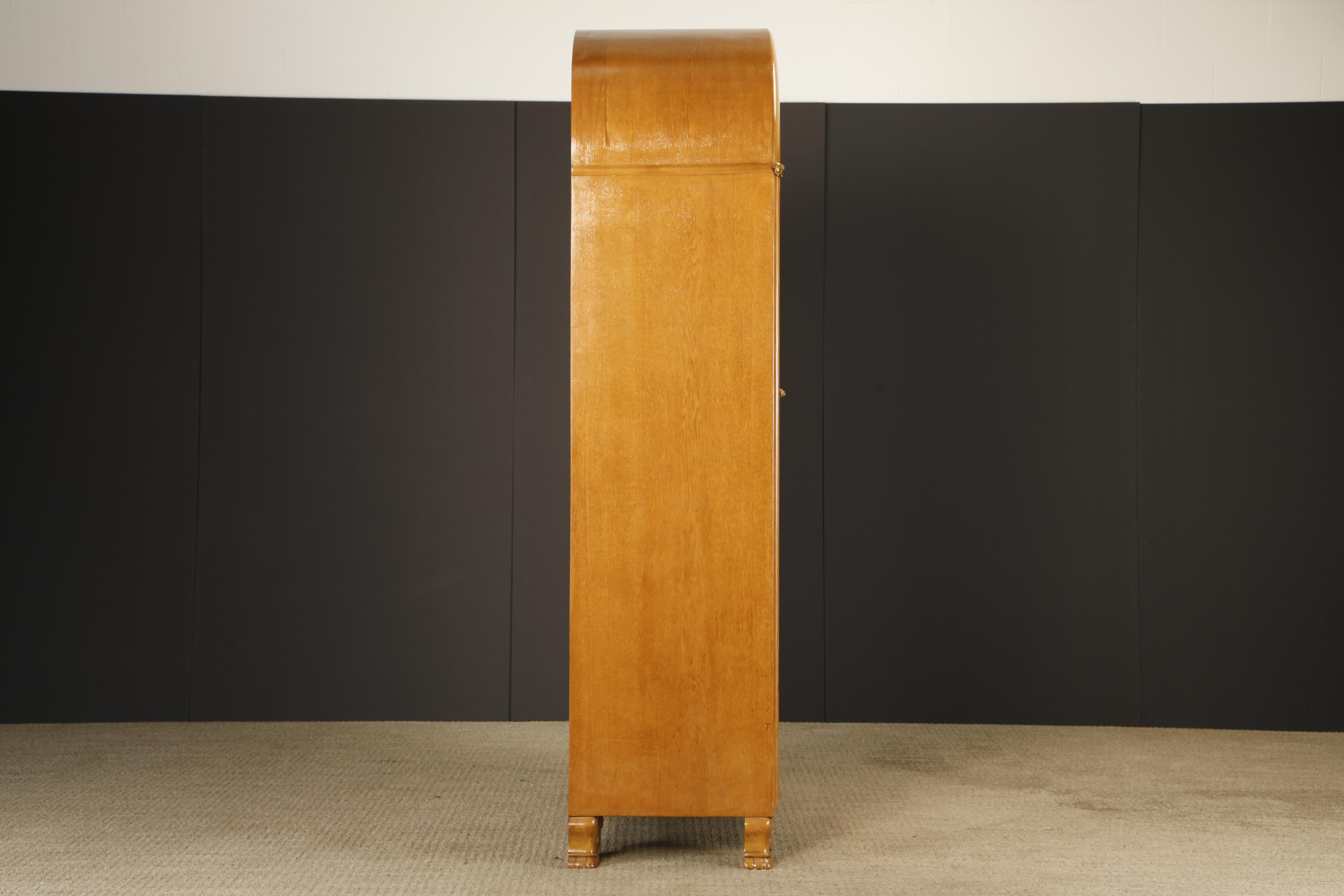 Monumental Art Deco Hollywood Regency Armoire in Blonde Quilted Wood, c 1930s For Sale 12