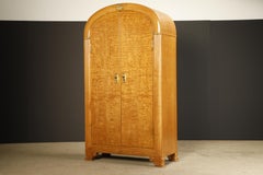 Monumental Art Deco Hollywood Regency Armoire in Blonde Quilted Wood, c 1930s