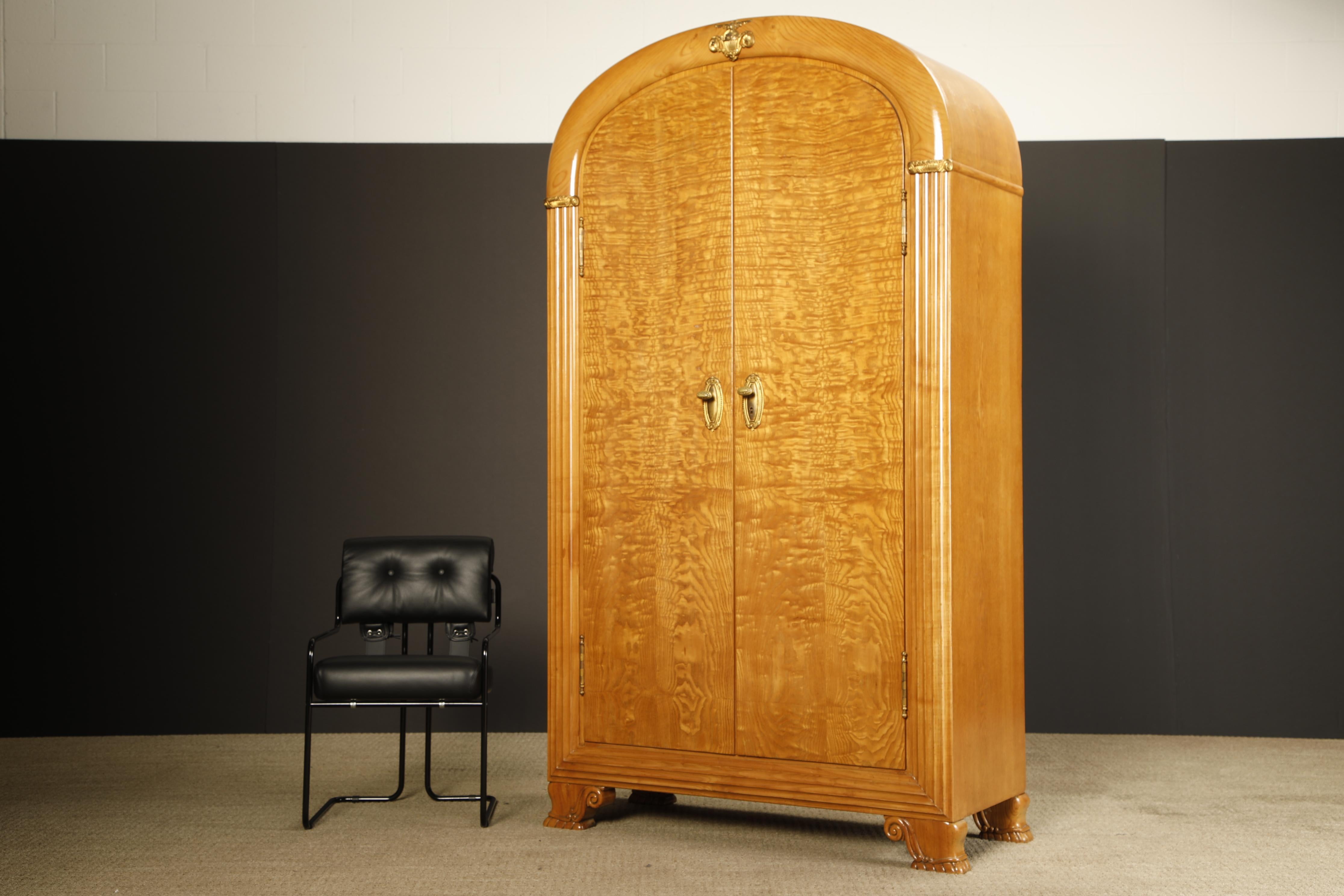 American Monumental Art Deco Hollywood Regency Armoire in Blonde Quilted Wood, c 1930s For Sale
