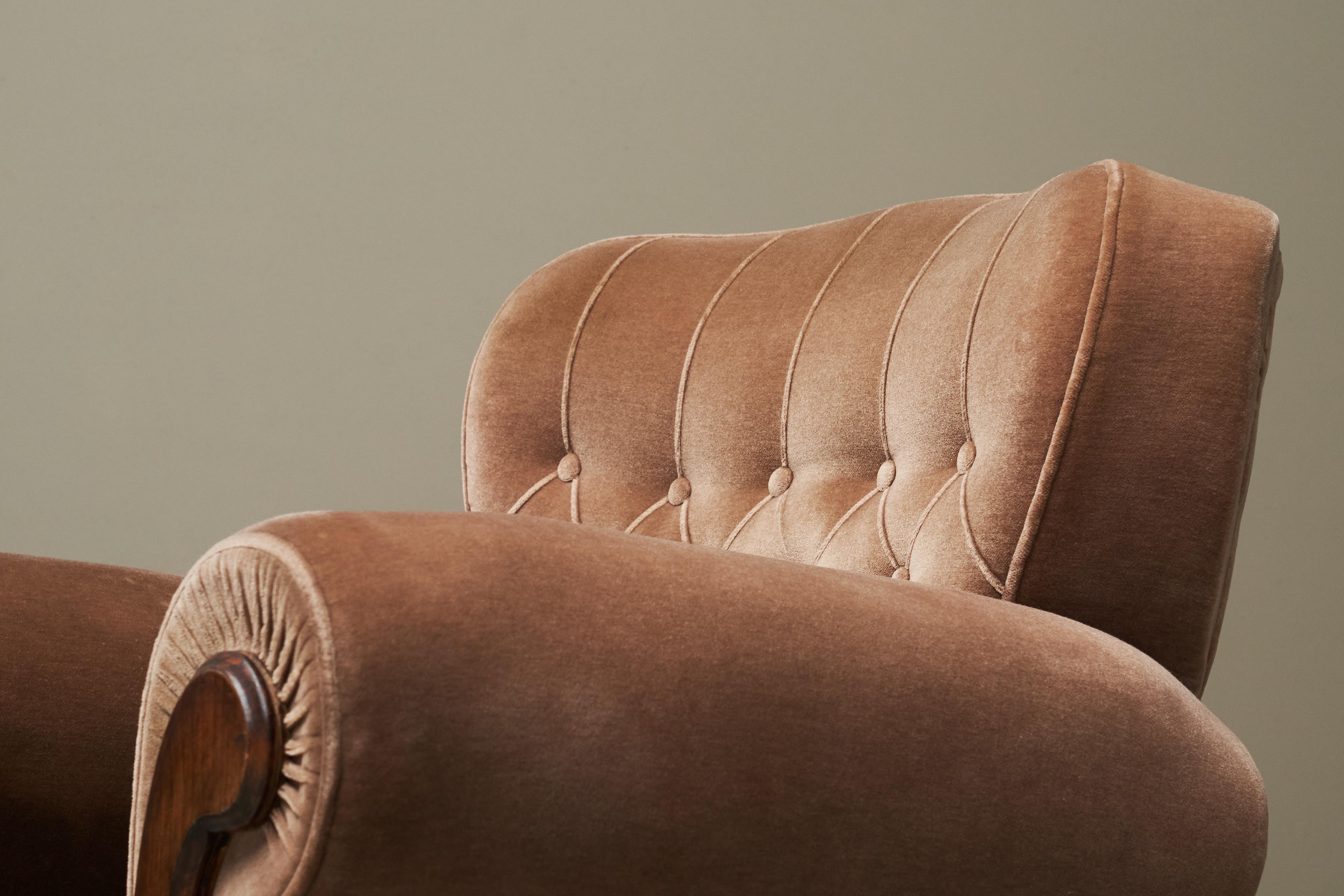European Monumental Art Deco Lounge Chair in Velvet and Oak 1930s For Sale