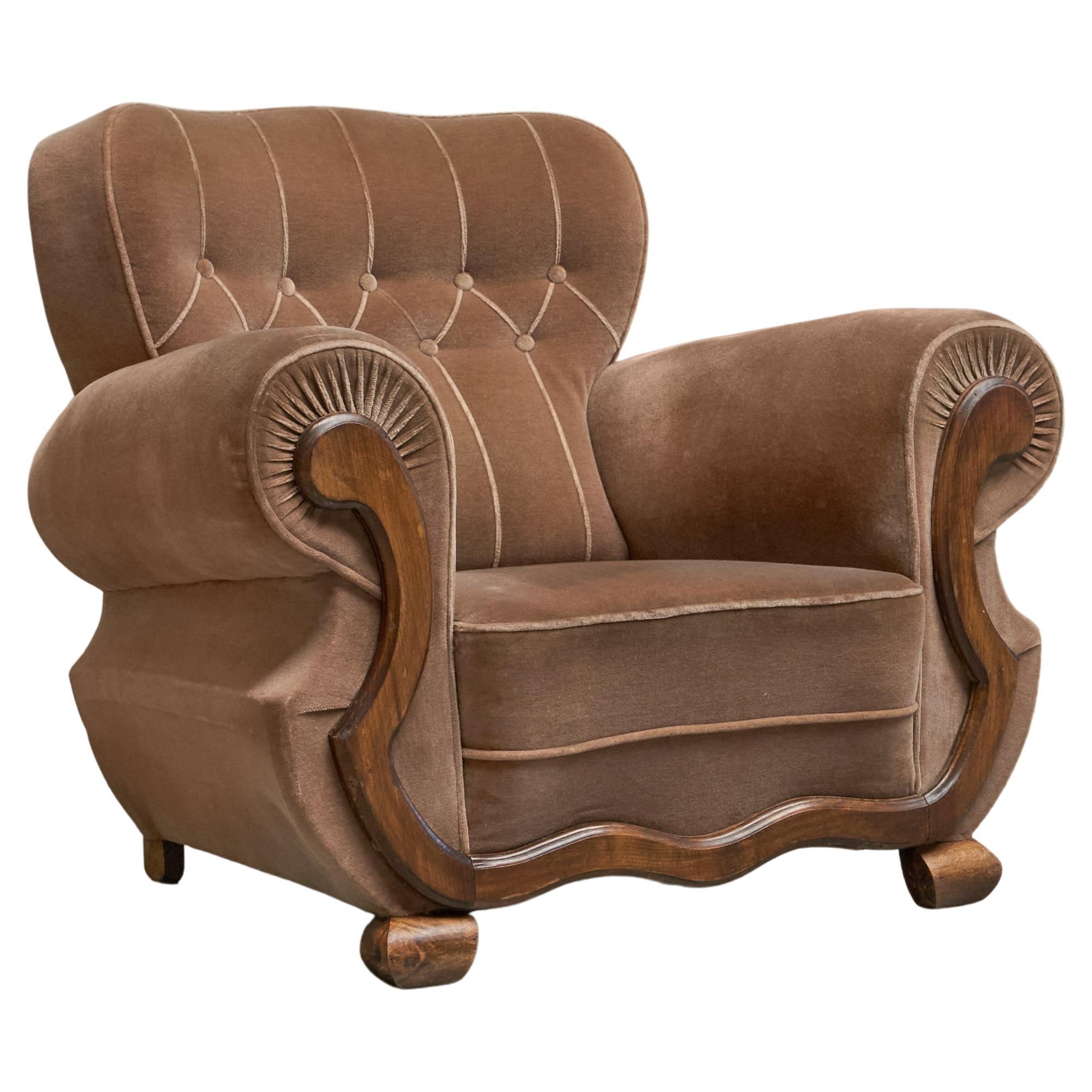 Monumental Art Deco Lounge Chair in Velvet and Oak 1930s