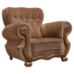 Monumental Art Deco Lounge Chair in Velvet and Oak 1930s