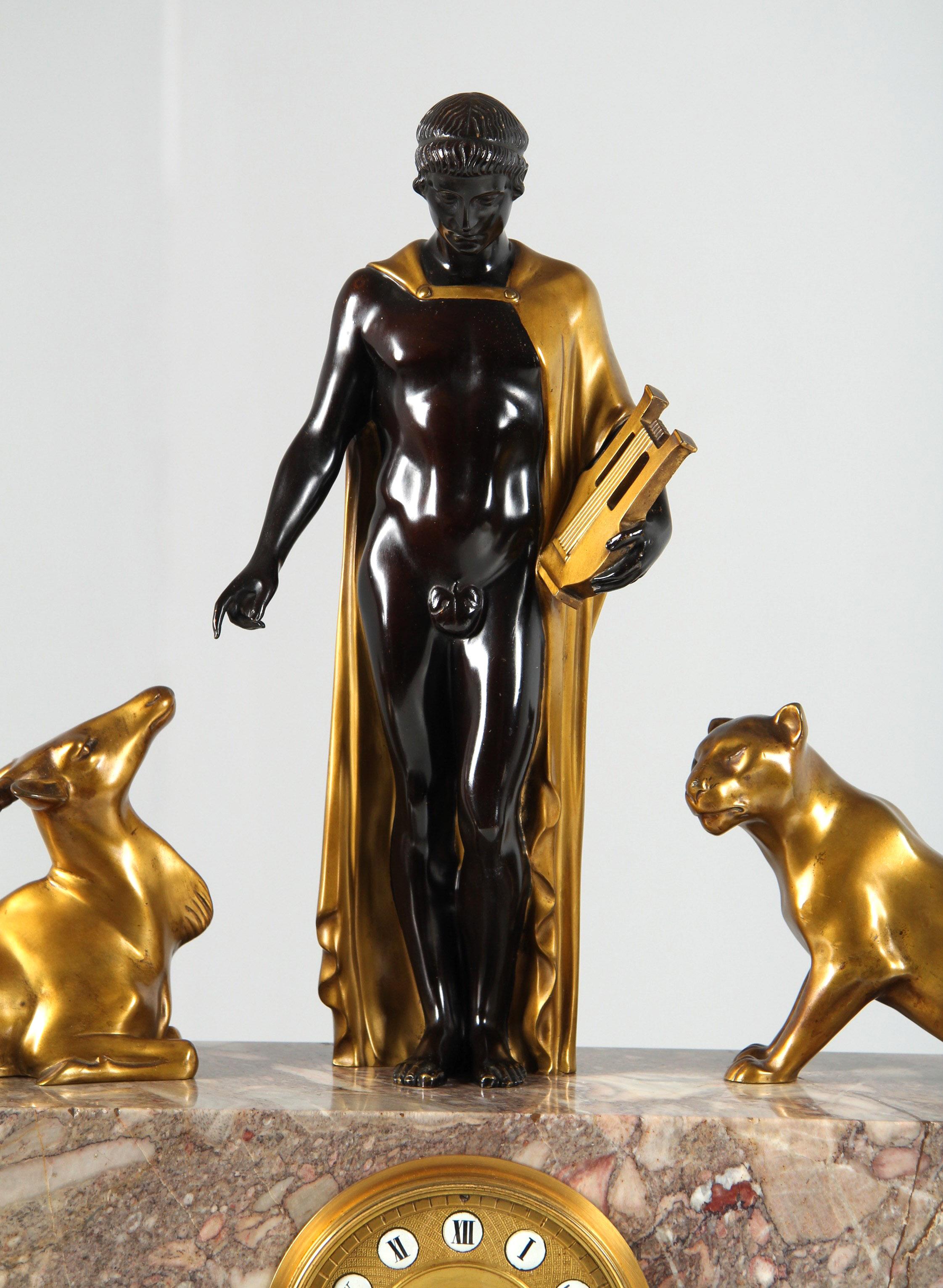 Austrian Monumental Art Deco Mantel Clock - Orpheus And The Animals, Austria, circa 1925 For Sale