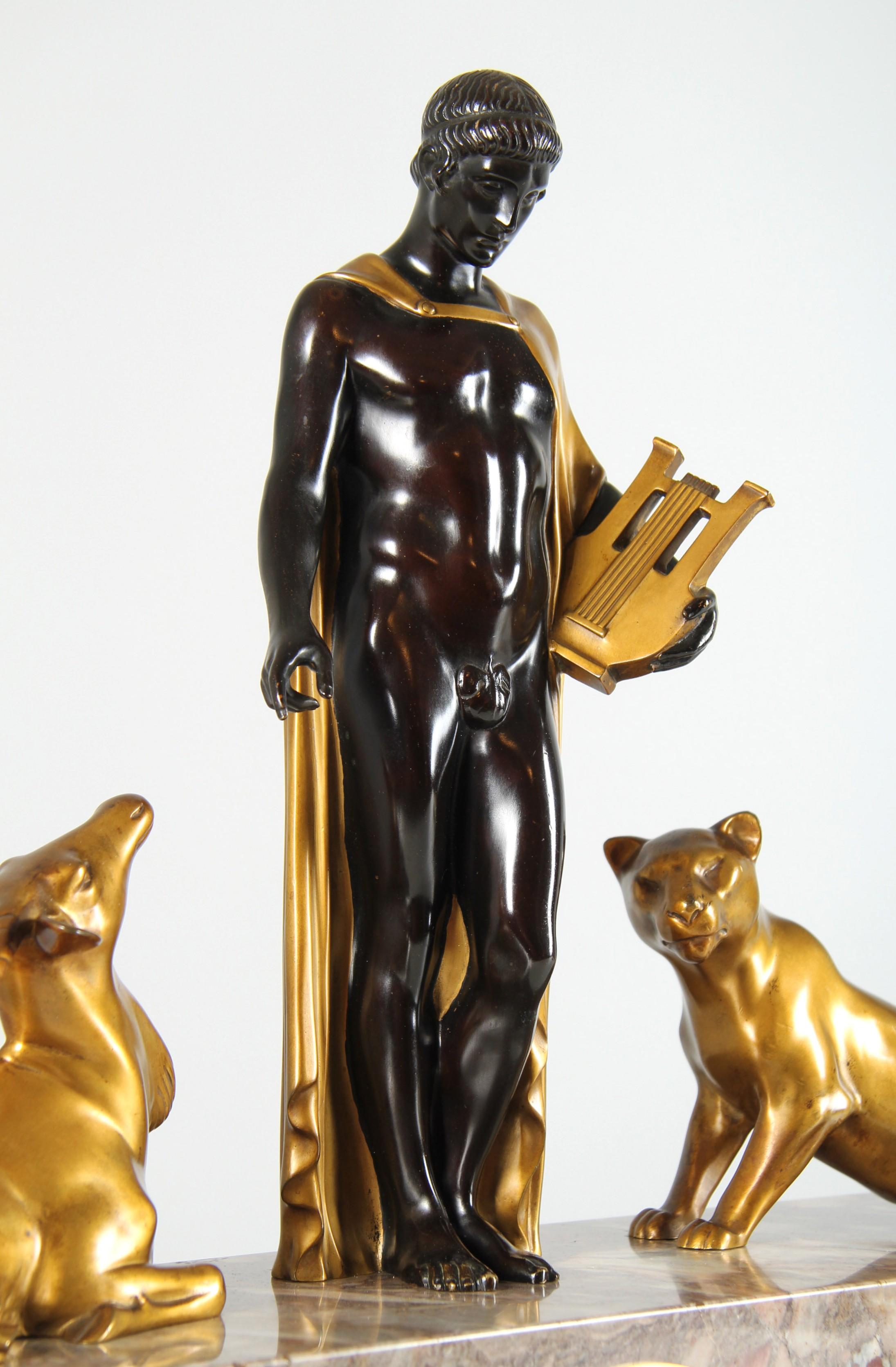 Monumental Art Deco Mantel Clock - Orpheus And The Animals, Austria, circa 1925 For Sale 1