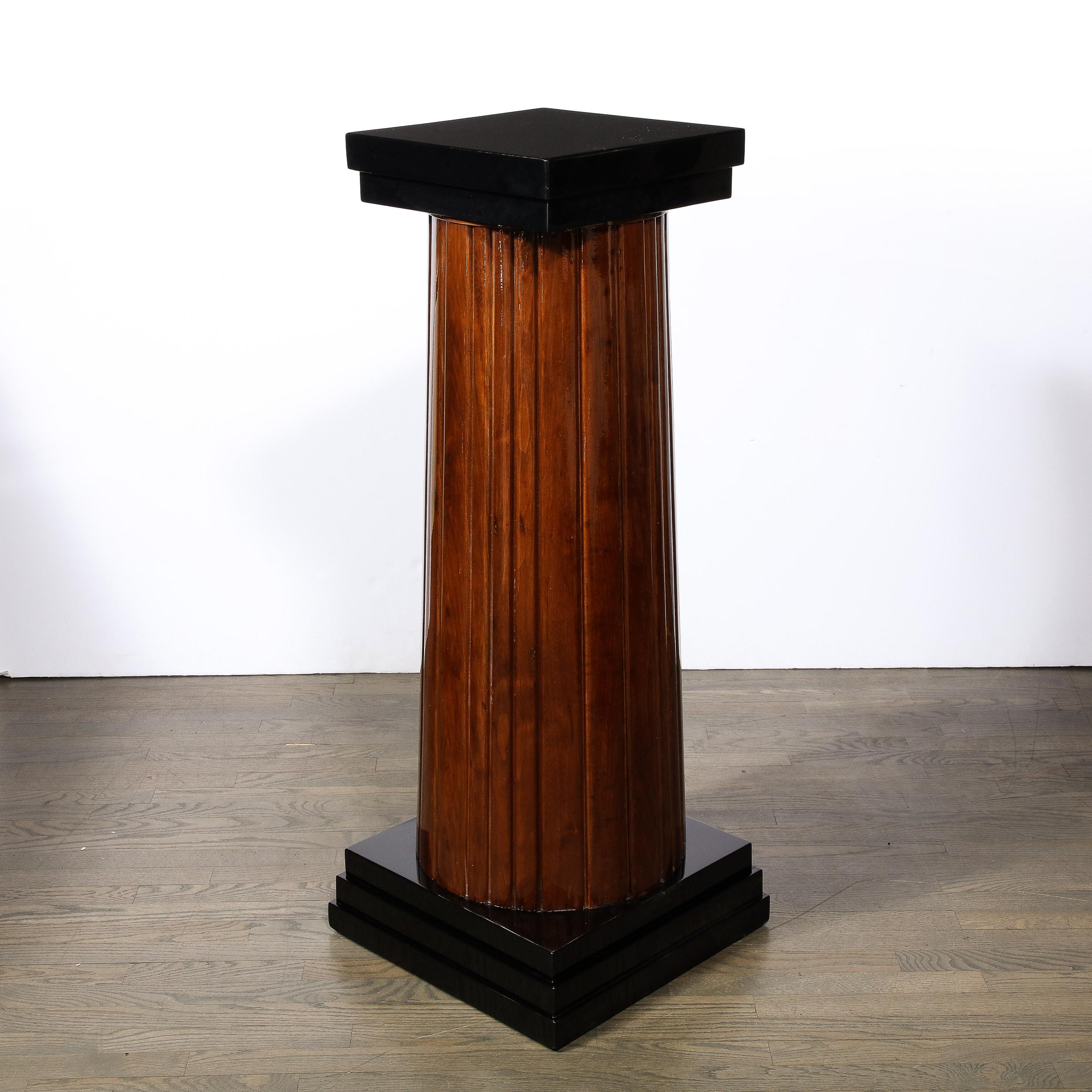 Mid-20th Century Monumental Art Deco Pedestal with Fluted Detailing in Walnut and Black Lacquer For Sale