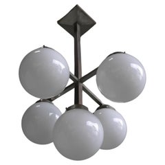 Monumental Art Deco Pendant in Metal with White Glass Balls, circa 1930