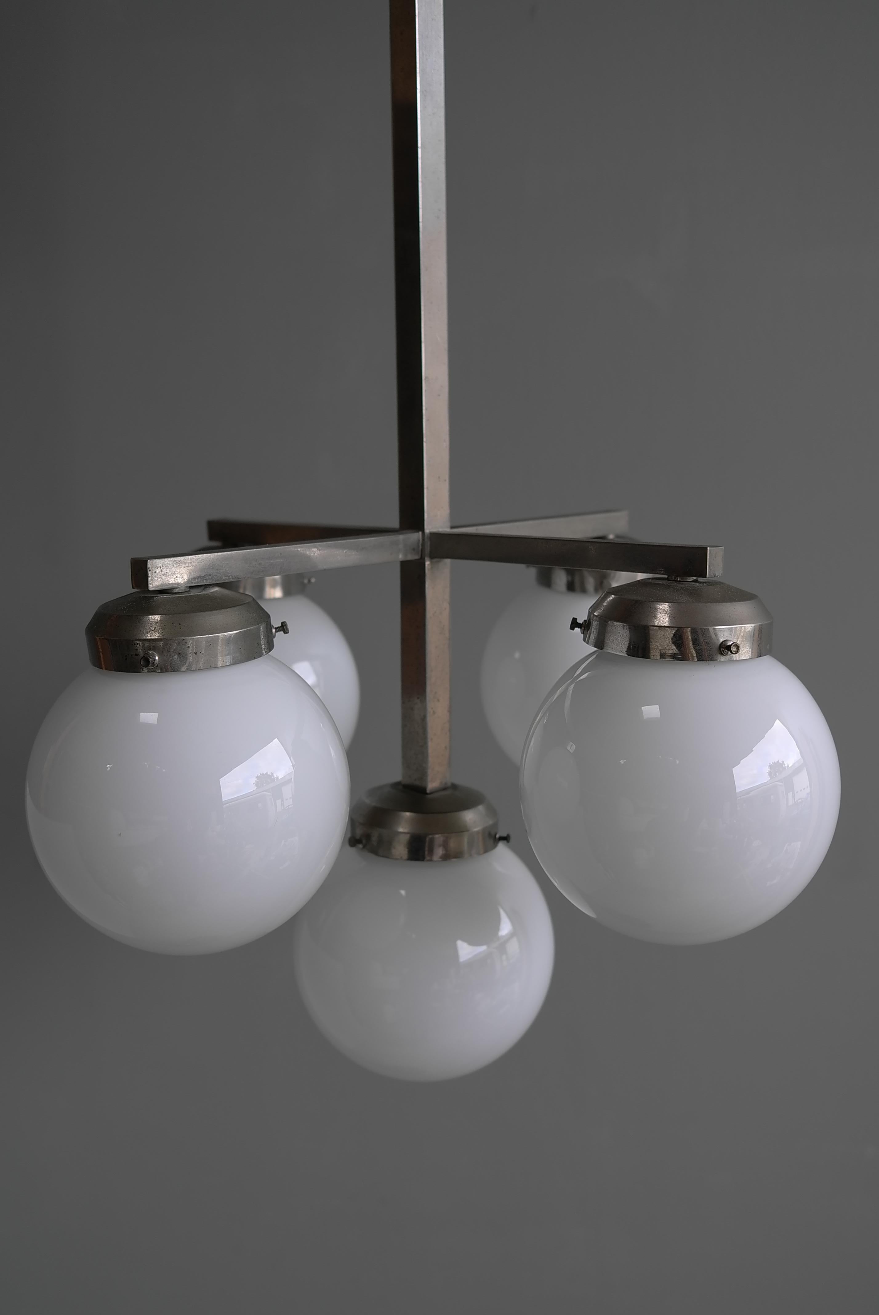 Bauhaus Monumental Art Deco Pendant in Metal with White Glass Balls, circa 1930 For Sale