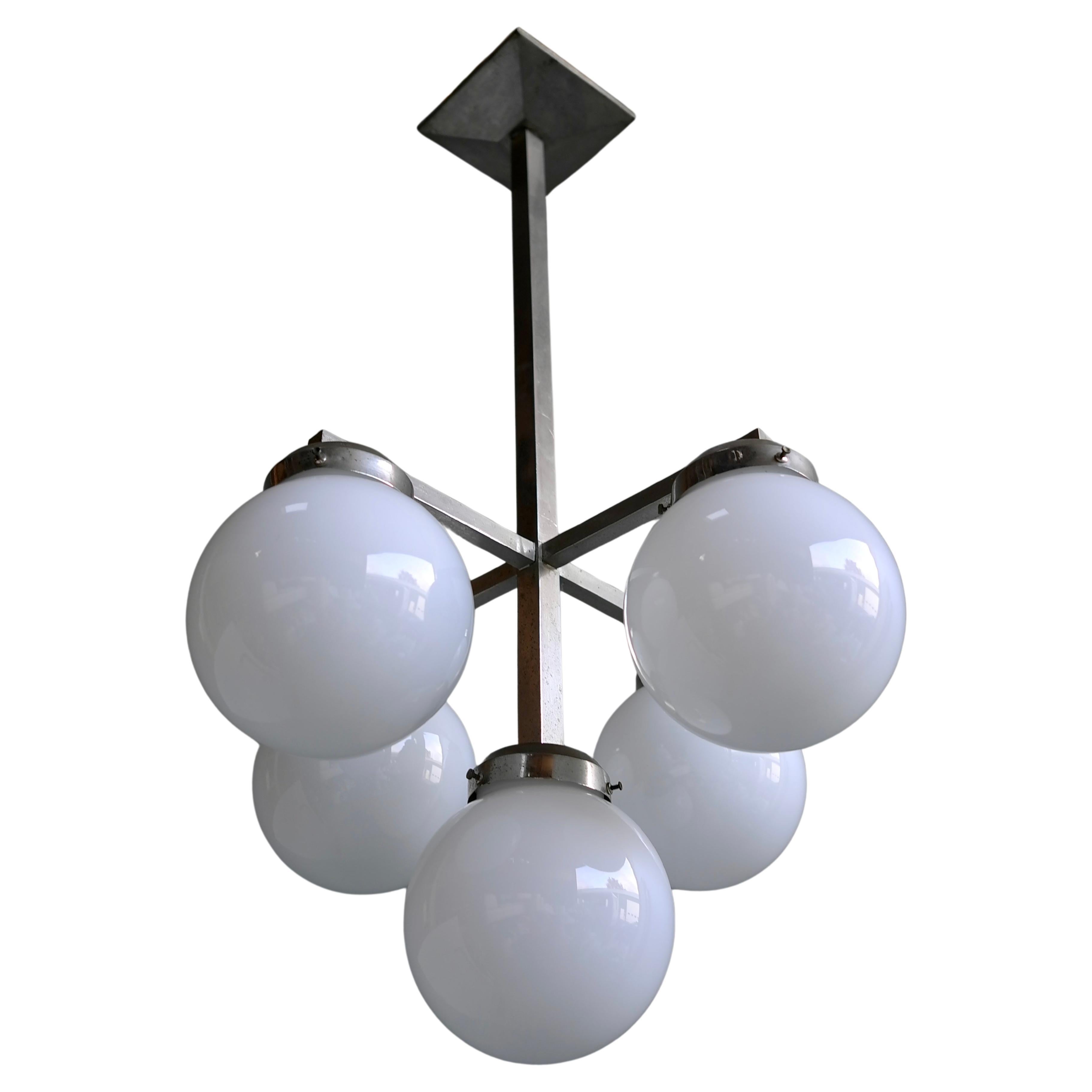 Monumental Art Deco Pendant in Metal with White Glass Balls, circa 1930 For Sale