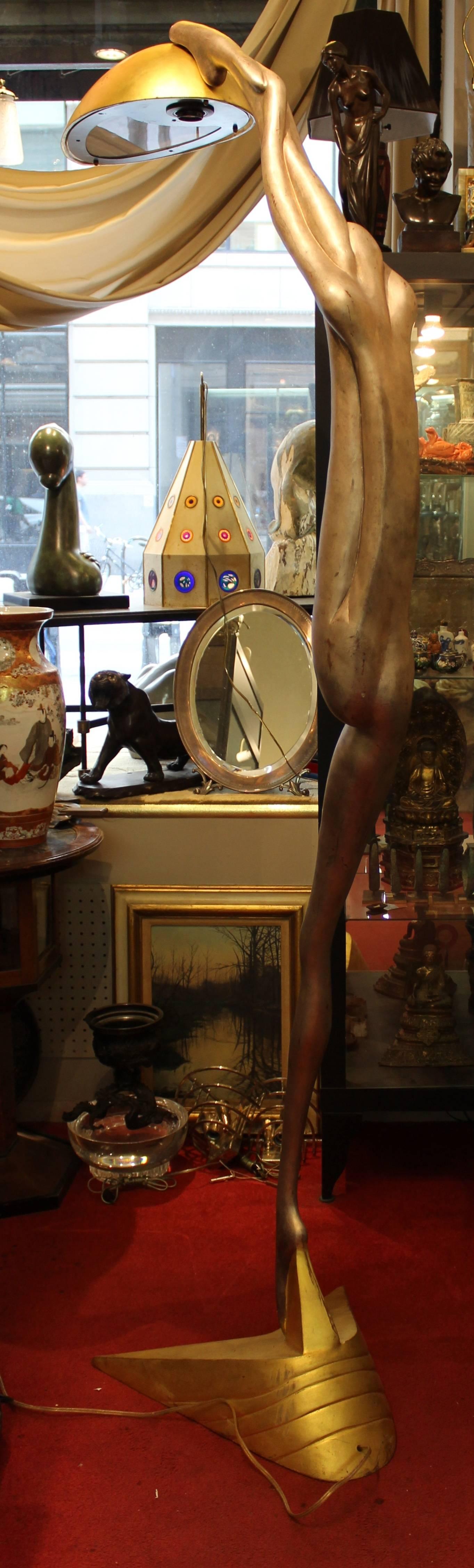 Monumental Art Deco Revival Female Nude Gilt and Silvered Bronze Floor Lamps For Sale 2
